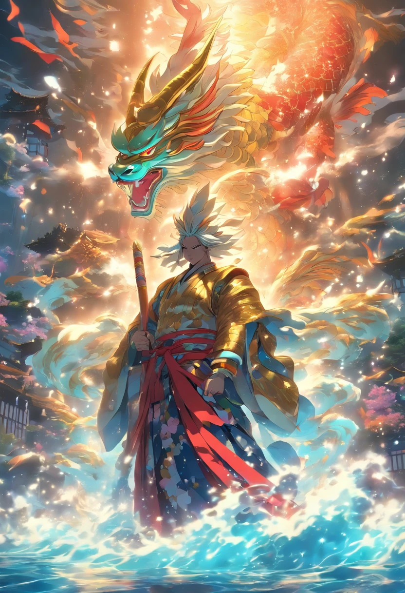 (((Japanese God))) best quality, ultra-high resolution, 4K detailed CG, masterpiece, Izanagi, Japanese god, man, spear, water, river, diving into water, Japanese mythology, Japan, aesthetic, beautiful image, centered on the screen