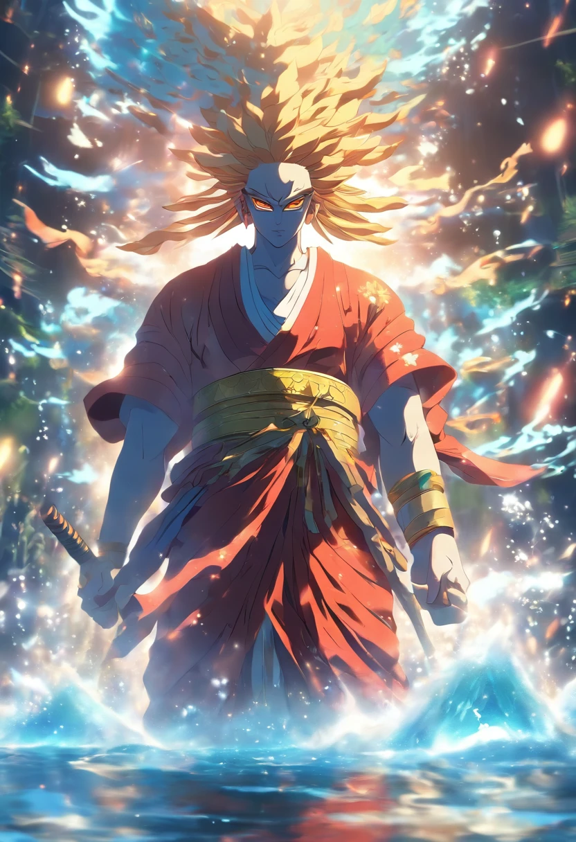 (((Japanese God))) best quality, ultra-high resolution, 4K detailed CG, masterpiece, Izanagi, Japanese god, man, spear, water, river, diving into water, Japanese mythology, Japan, aesthetic, beautiful image, centered on the screen