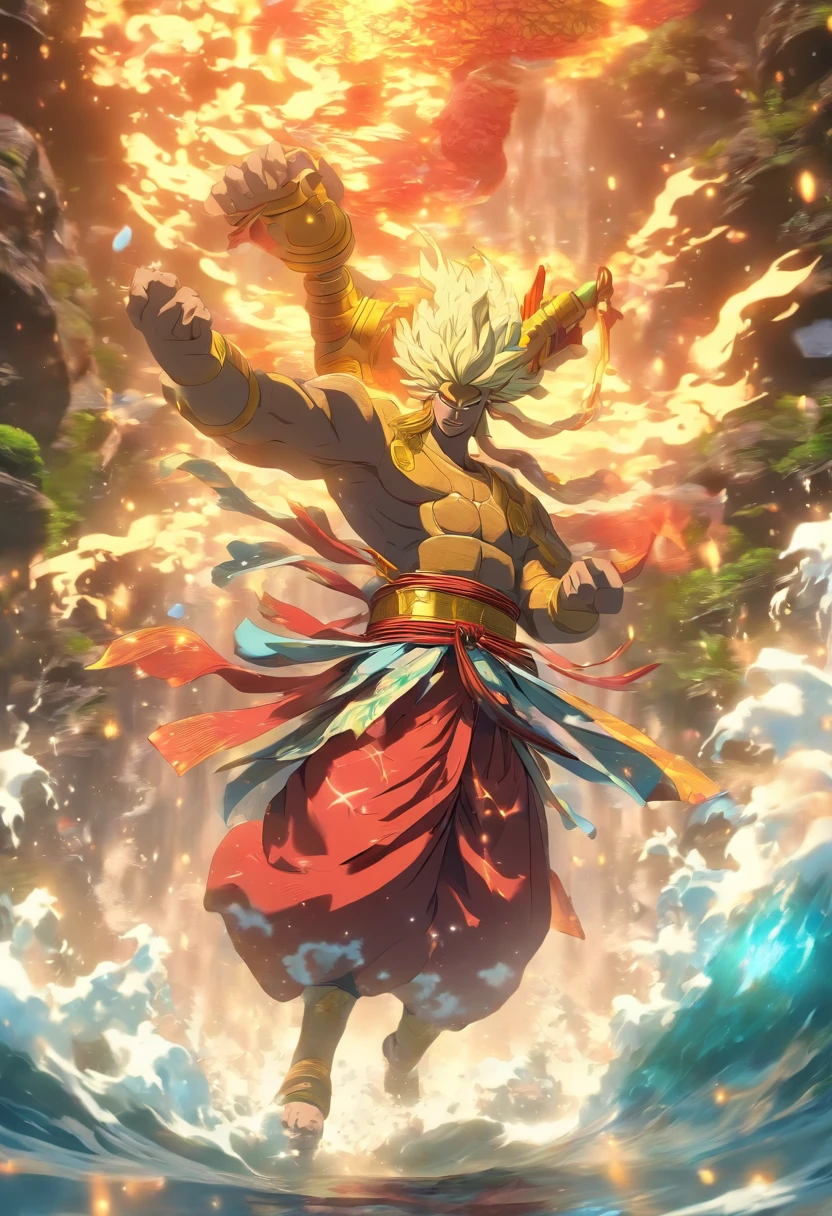 (((Japanese God))) best quality, ultra-high resolution, 4K detailed CG, masterpiece, Izanagi, Japanese god, man, spear, water, river, diving into water, Japanese mythology, Japan, aesthetic, beautiful image, centered on the screen