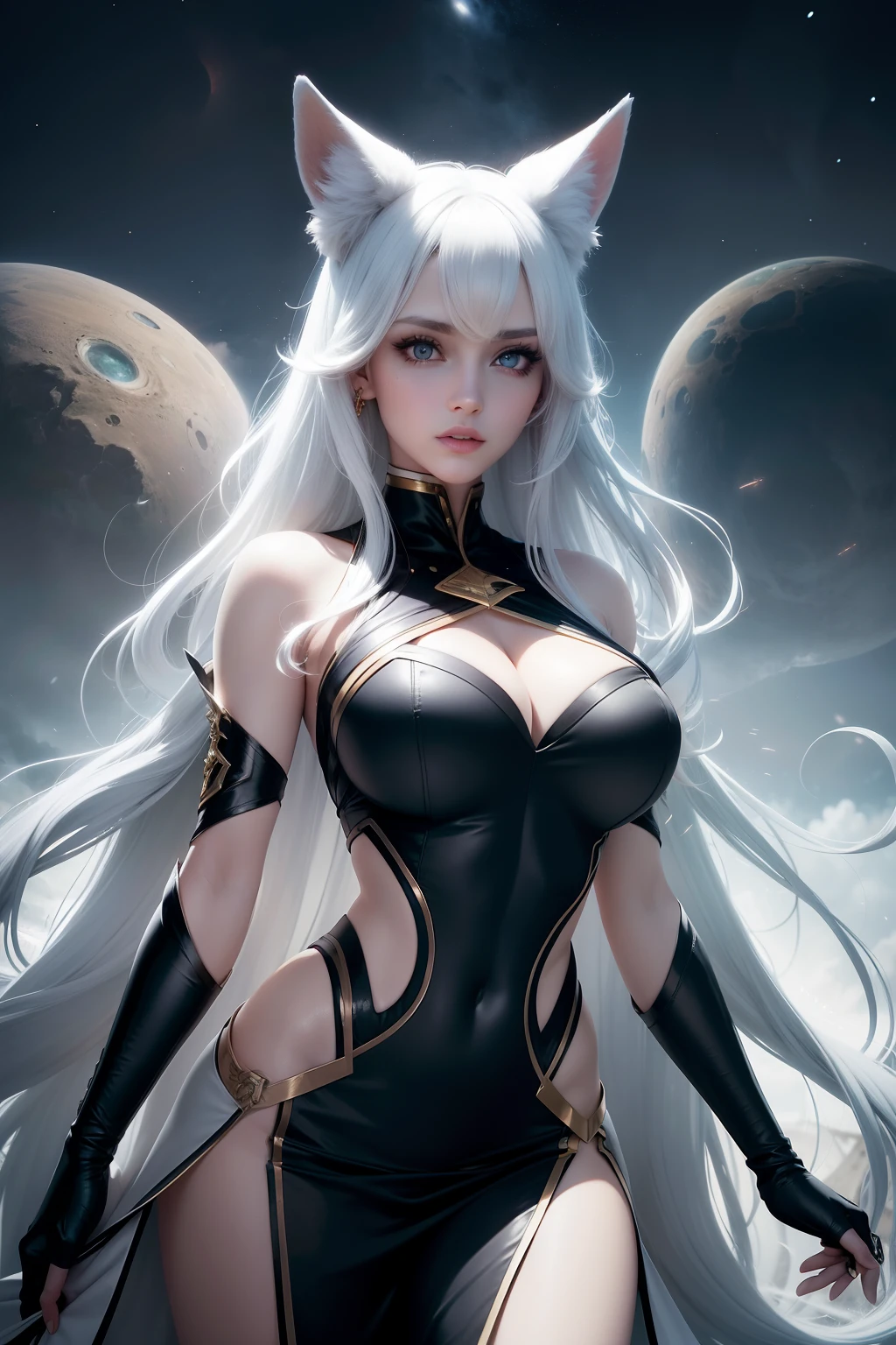 woman with，golden curly hair，blue color eyes，White fox ears，Black tight-fitting dress woman with，golden curly hair，blue color eyes，White fox ears，Realistic visuals of black tight dress，attractive beautiful，dramatic contrast，Gentle lighting，Delicate warmth，the soft light，hyper HD，Extremely colorful，best qualityer，Snow-whiteskin，8K high quality，Sexy goddess，A pair of big eyes are beautiful and moving，White skin，Makeup，Sexy outfit，Armed with futuristic modern weapons，gold；jewely；Blue Electric，【Background with】Large gears，Large gears，Doomsday ruins，Giant tornado，Strange sky，Lightning Thunder，The setting sun burns the dark clouds，Multiple planets，The end of the world，Multiple planets，Mards，Jupiter，Mercury，Strange sky，The Eiffel Tower，Egyptian pyramids，Great Wall of China，Giant Tornado ultra-futuristic car，Cool headlights