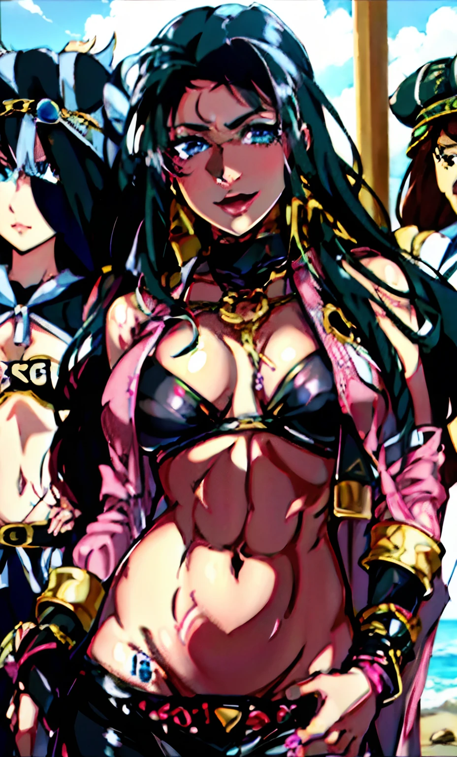 araffed woman in a pink bikini and black pants, tinyest midriff ever, her belly button is exposed, kerli koiv as anime girl, kerli koiv, ava max, exposed midriff, wearing leather bikini, revealing outfit, bare midriff, metal bikini, physical : tinyest midriff ever, belly button showing, anime girl with long black hair, beautiful long black haired girl, navel, evil expression
