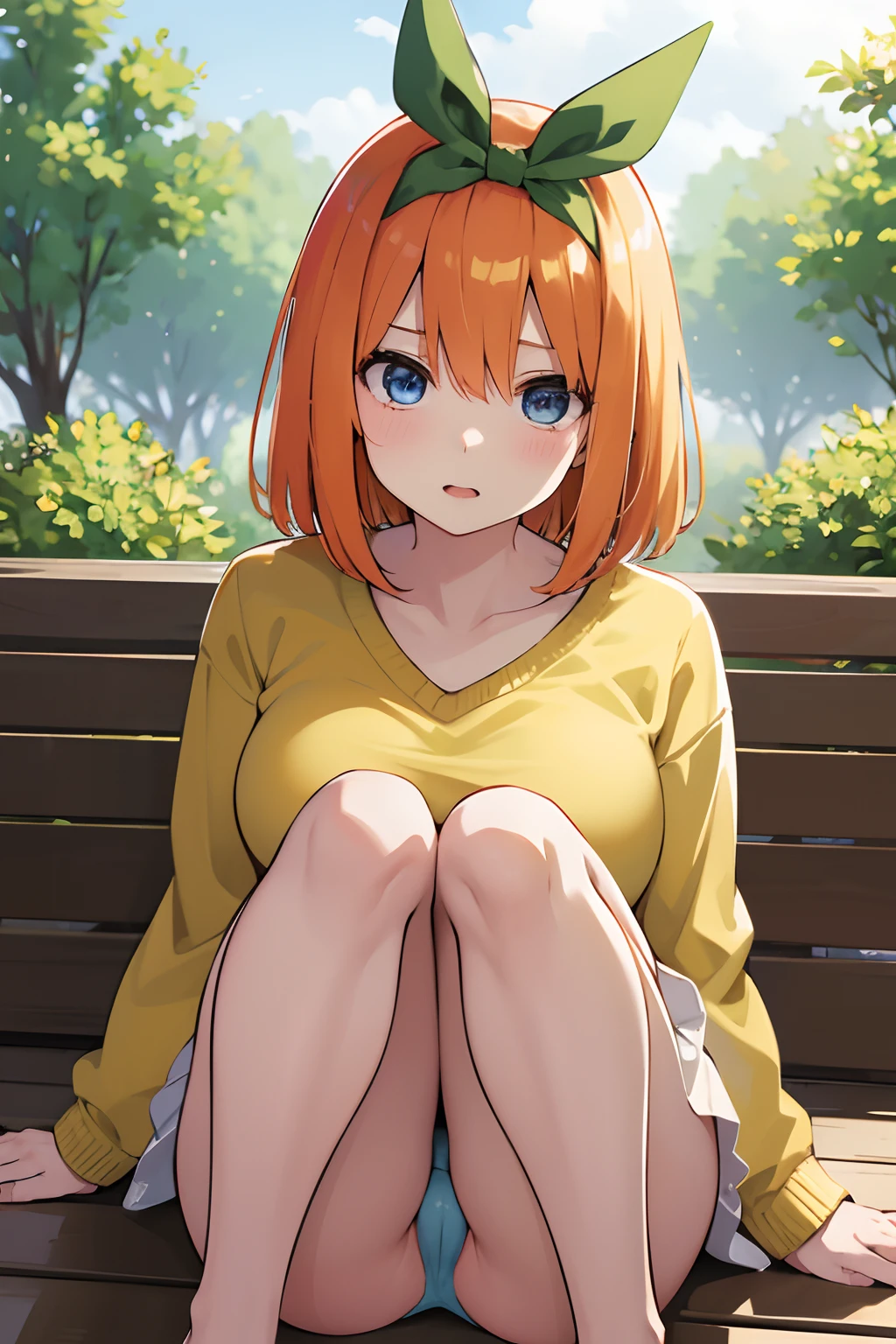 Nakano Yotsuba(The Bride of Fifths)、1girl in, ​masterpiece、top-quality、NSFW, {{anal}}、 orange hair, green hair bow, yellow sweater, Blue eyes、