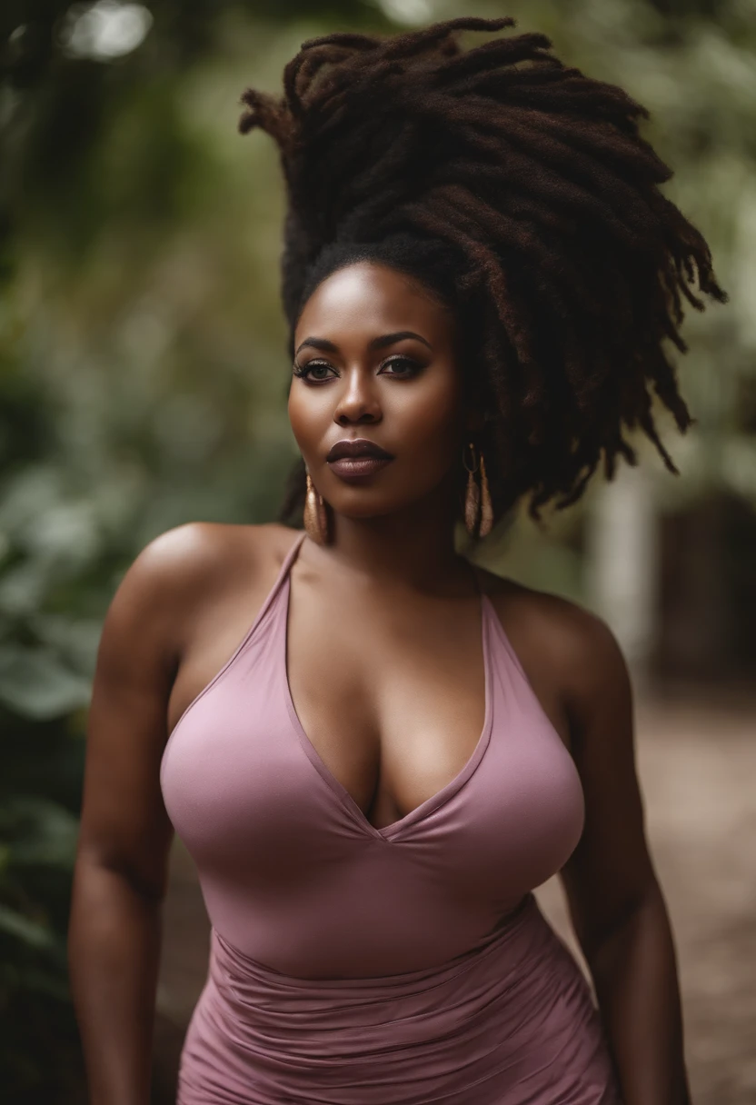 Portrait of a curvy black woman with large breasts and clammy skin, dreadlocked hair, corps entier, jupe moulante blanche, chemise rose, high resolucion, NSFW.
