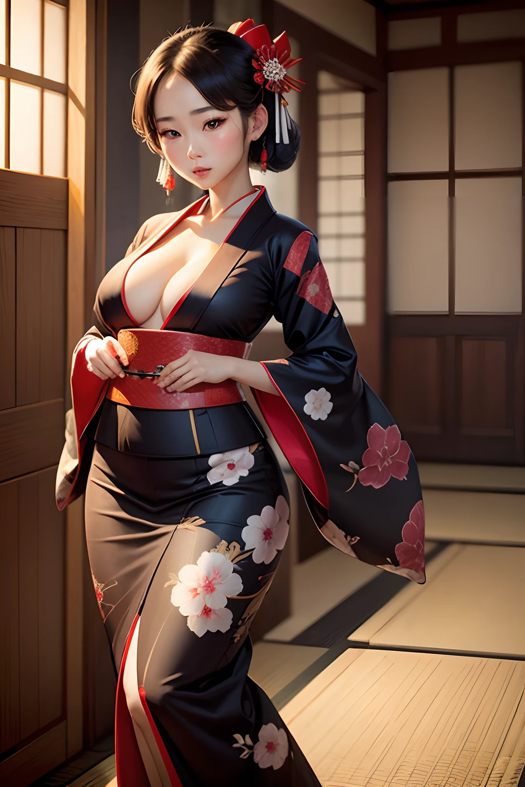 traditional kimono, hourglass, slim, endowed breasts, cute face, proportional face, elegant, sexy