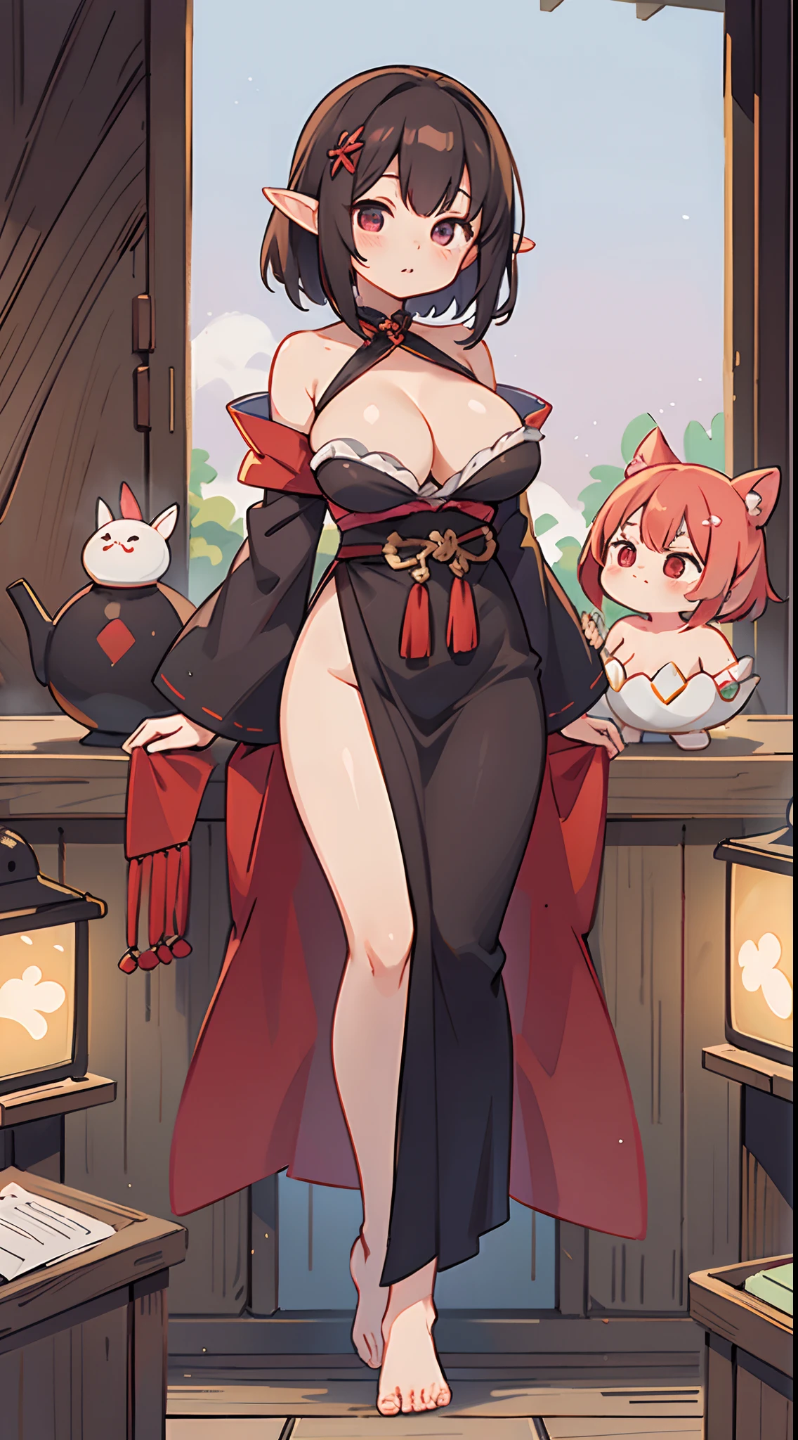 number art、Dark Elves、Japan Merchant,Barefoot,Yuruchara style、Large breasts,Off-the-shoulder attire,nabel,Big breasts Thin waist,cleavage,Raised sexy,Be red in the face
