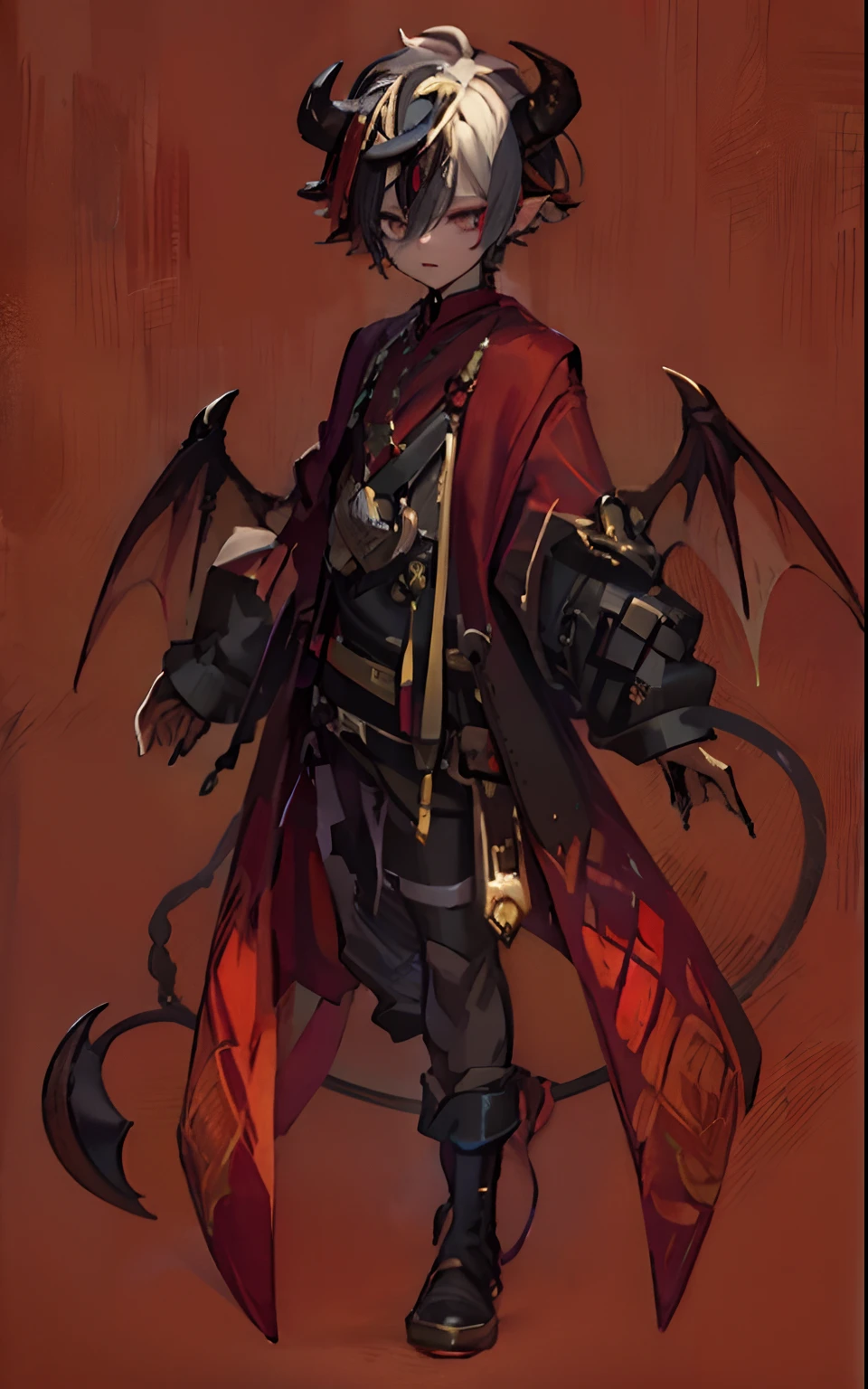 The prompt is: (best quality, 4K, 8K, high resolution, masterpiece:1.2), ultra-detailed, (realistic, photorealistic, photo-realistic:1.37), portraits, anime, red and black two-tone hair, demonic attire, handsome Japanese demon boy, demon-human hybrid, full-body demon, bipedal dragon, demon formal wear, demon slayer art style, (wearing an elegant robe), demon boy, demon dragon-inspired armor, demon slayer, cunning and sly male, vampire, male vampire from the Van Helsing family, demon lord.
(Best quality,4K,8K,A high resolution,Masterpiece:1.2), Ultra-detailed, (Realistic,Photorealistic,photo-realistic:1.37), sportrait, anime big breast, Red and black bicolor hair, Demon attire, handsome japanese demon boy, Demon-human hybrid, Full body demon, wyvern, Demon formal attire, Demon Slayer art style, (Wear elegant robes), Demon Boy, Demon Dragon Inspired Armor, Demon Killer, Insidious and cunning male, Vampire, A male vampire from the Van Helsing family, Demon Lord