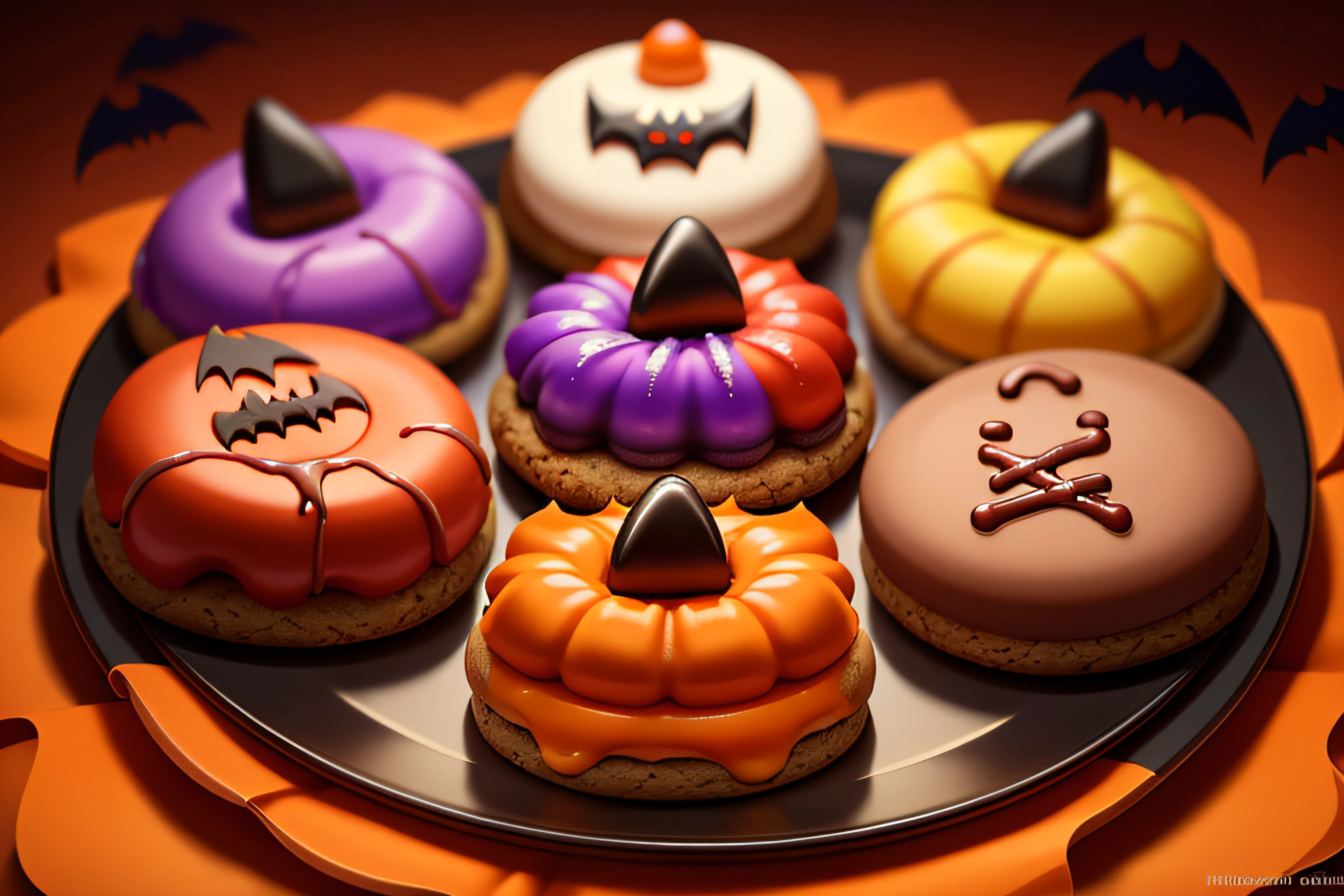 (raw photo), a plate of halloween themed icing cookies in a variety of shapes and colors, foodphoto, blurred background, full view, 8k, photorealistic image, excellent quality.