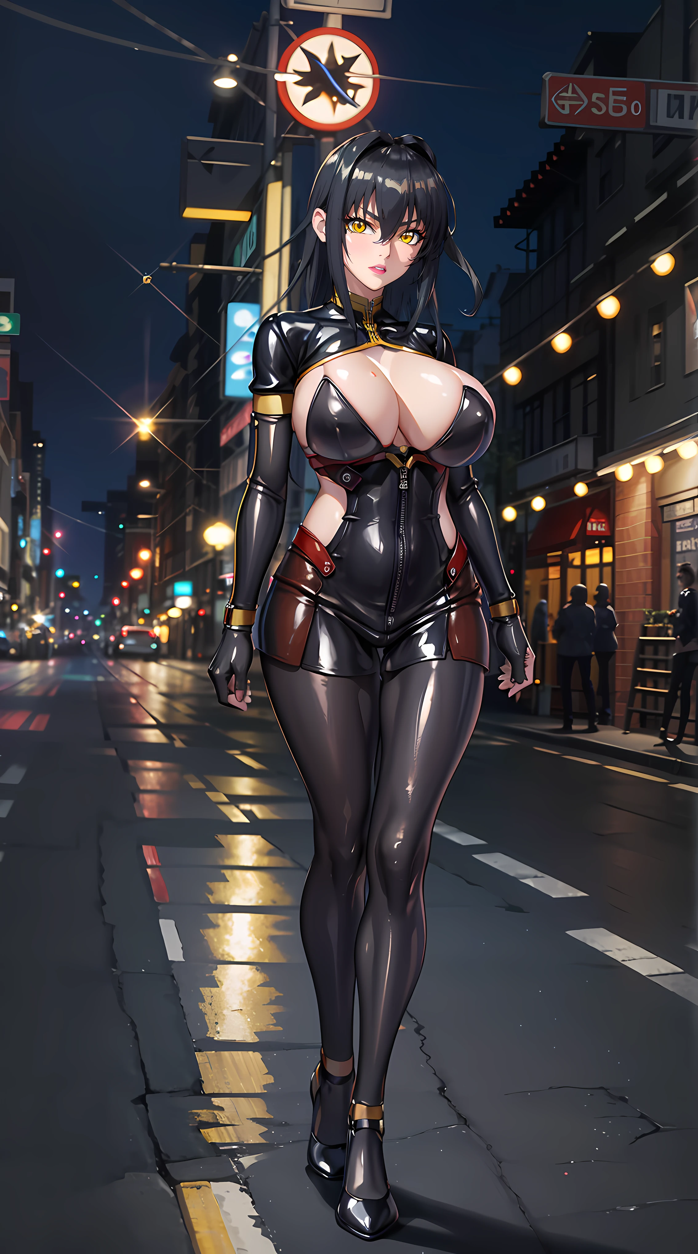 walking on road at midnight background,
Standing at attention, 
black outfit, bodysuit latex, gloves latex,
 black_hair,yellow_eyes,
1 girl, 35yo,mature female,Beautiful Finger,Beautiful long legs,Beautiful body,Beautiful Nose,Beautiful character design, perfect eyes, perfect face,
looking at viewer,  (big_eyes:1.0),(expressionless:1.3),
NSFW,official art,extremely detailed CG unity 8k wallpaper, perfect lighting,Colorful, Bright_Front_face_Lighting,
(masterpiece:1.0),(best_quality:1.0), ultra high res,4K,ultra-detailed,
photography, 8K, HDR, highres, absurdres:1.2, Kodak portra 400, film grain, blurry background, bokeh:1.2, lens flare, (vibrant_color:1.2)
(Beautiful,large_Breasts:1.4), (beautiful_face:1.5),(narrow_waist),