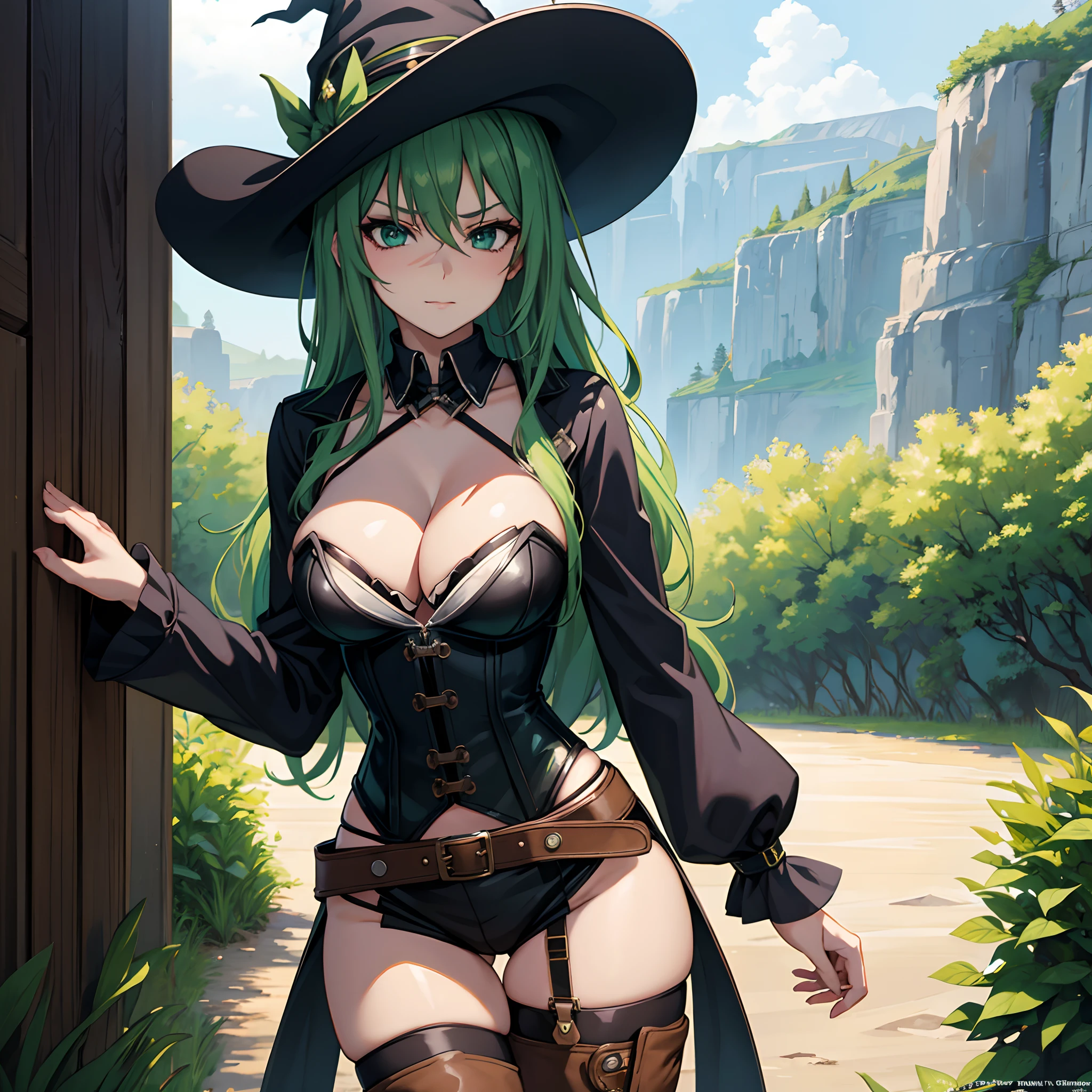 Anime irl, green hair, witch, sexy, skinny, medium breasts, cleavage, cowboy shot, standing, thigh high boots, black corset top, seductive, , smug expression, scenery