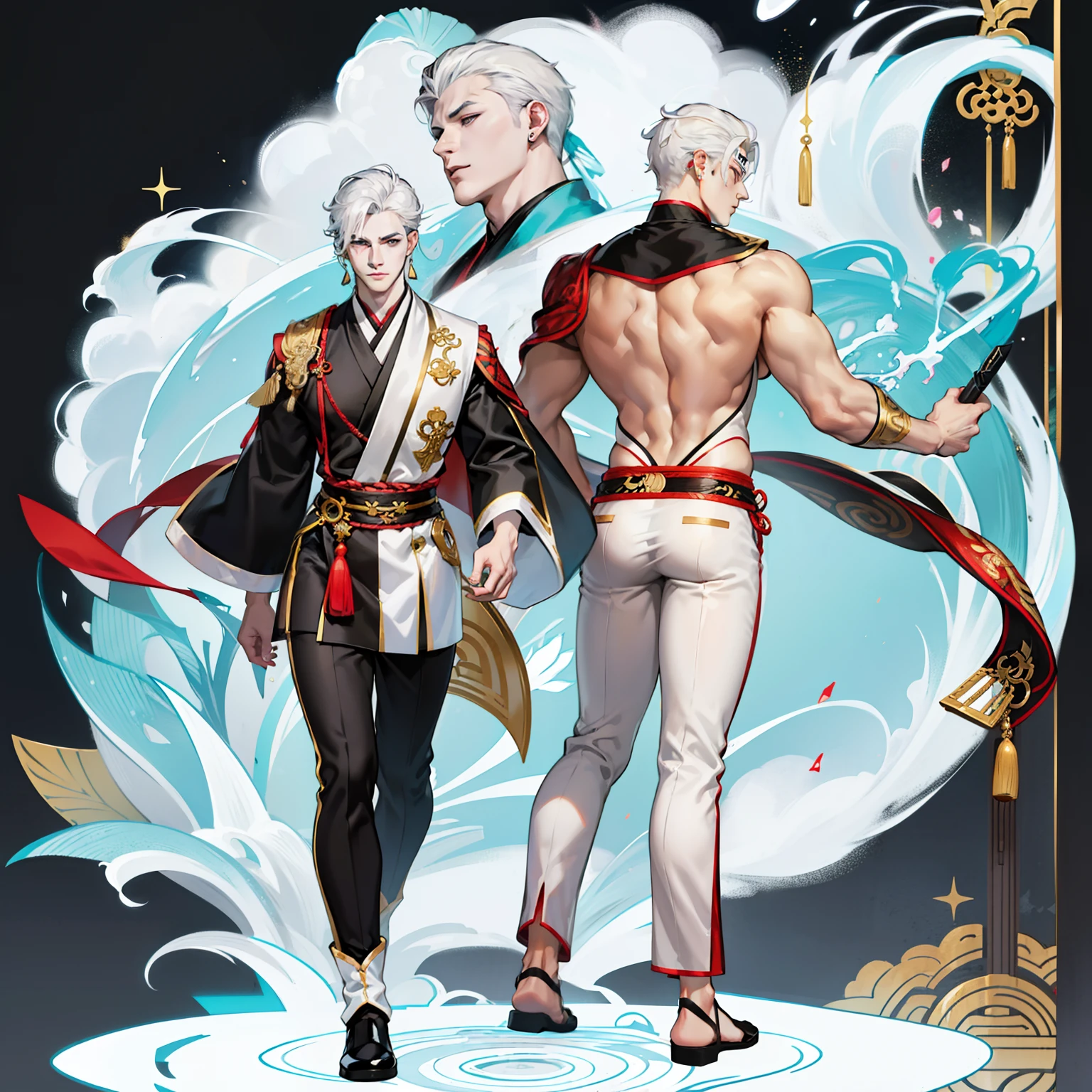 Pale skin man, male, black eyes, white hair, long hair, anime style, 4k image, full body, holographic background, Character sheet, Handsome male. Perfect face, 6 ft 5 tall man. White hair. Short hair. Grey eyes. Eyepatch. Earrings. Toned body. Muscular male, character design sheet,full bodyesbian, Full of details, body front view, body back view, Full body, front and back view, muscle body, Traditional chinese clothes. Genshin Impact. Hydro vision. Bulge in pants. Liyue, ((Masterpiece, Highest quality)), Detailed face, character design sheet,full body esbian, Full of details, Highly detailed, Depth