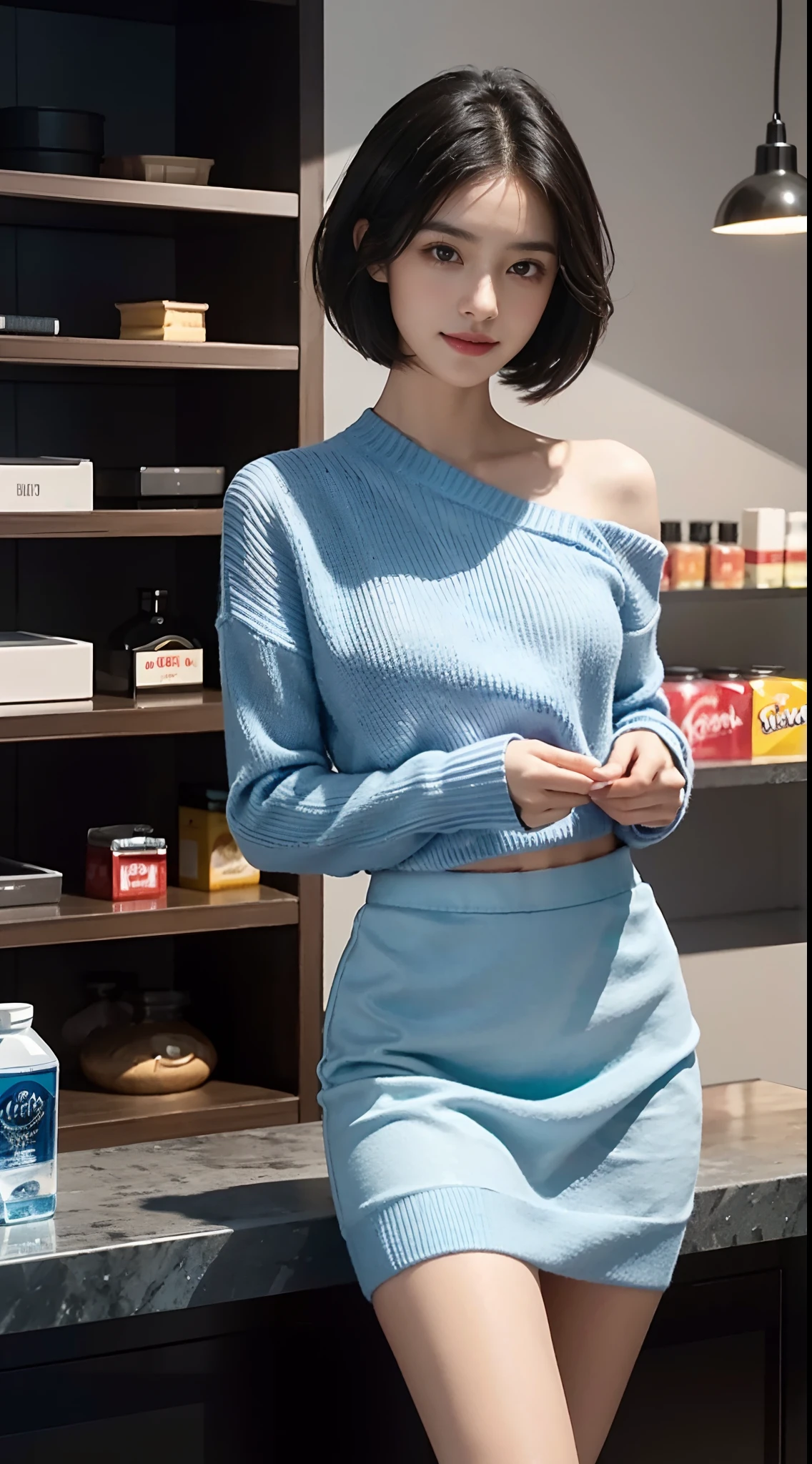 (shoulder length straight short black hair: 1.3), （Extremely meticulous CG 8k wallpaper），（Extremely refined and beautiful），（Masterpiece），（best qualtiy：1.0），（Ultra High Resolution：1.0），beautiful light up，Perfect lightning，realistic shaded，[A high resolution]，Smooth and flawless fair skin，Extremely exquisite facial details，（perfect body：1.1），ultra - detailed，A beautiful girl，small head,(Small breasts:1.1)，Flat chests，slim，thin，Smile，cheerfulness，(blue sweater:1.5），（blue skirt:1.3),Slender legs,(Black military boots:1.2),standing,(Well-cut abdominal muscles:1.2),At a convenience store,many products on the shelves,bright lights,Portrait photo