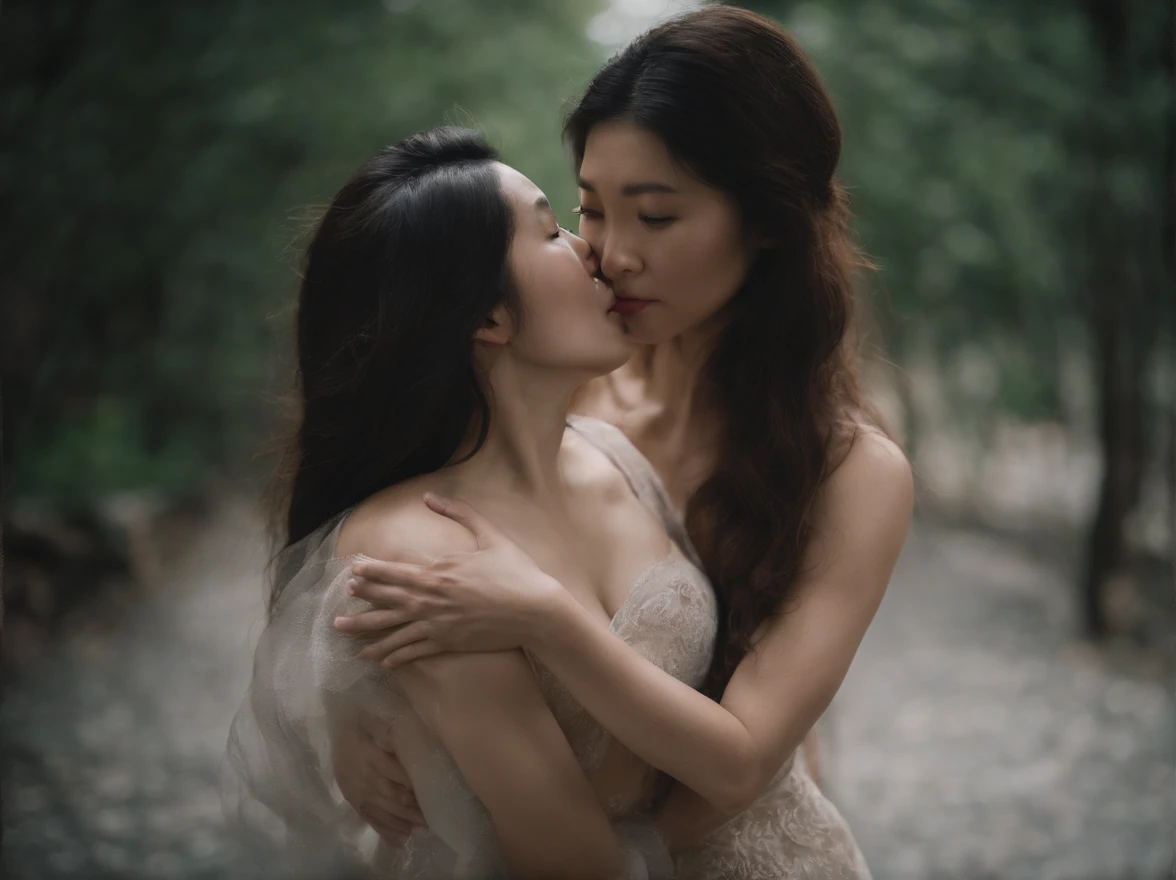 A Japanese girl violently kisses a girl while they are naked and with large breasts. She is naked with transparent clothes and a very large breast and hugs her very violently.