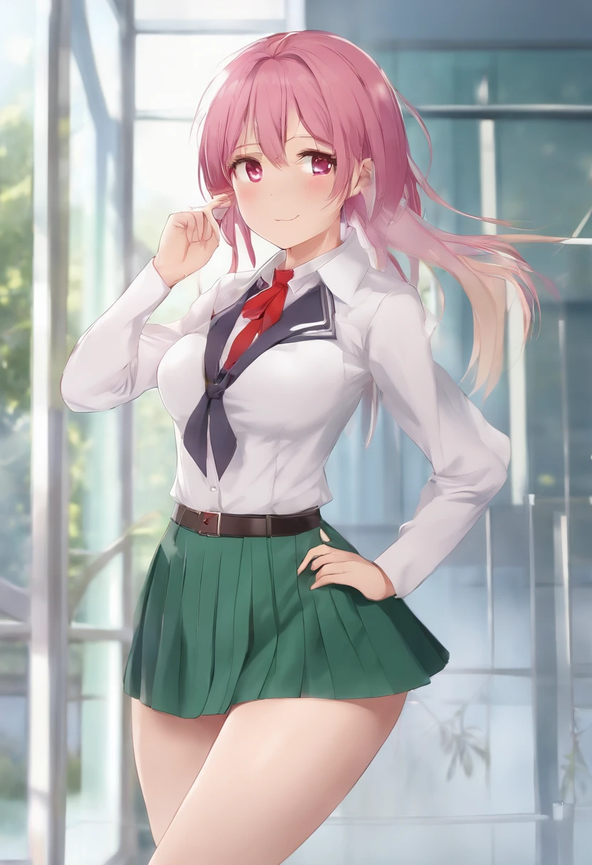 ((Best Quality)), ((masutepiece)), ((Perfect composition)):1.5, ((Perfect Anatomy)):1.5, Illustration, hight resolution, prefect lighting, Dynamic Angle, (((Clean and clean))), absurderes, (((Clean and clean))), Untrustworthy absurdity, 1girl in, sole, Standing, Chizuru-chan Kaihatsunikki, mature, Sexy, Spread , , Full body, Pink hair, Long hair, hair clips, Purple eyes, School uniform, Green pleated skirt, Red choker, , See-through:1.1, ((zettai ryouiki)), , Huge breasts, Playing, femdom, Open mouth, Happy, Smile, enchanting expressionless, Happiness, which are full of confidence, having fun, (Detailed face description), (Detailed eye description), Lying, Seductive, Advanced CG, amazing quality, Octane Rendering.