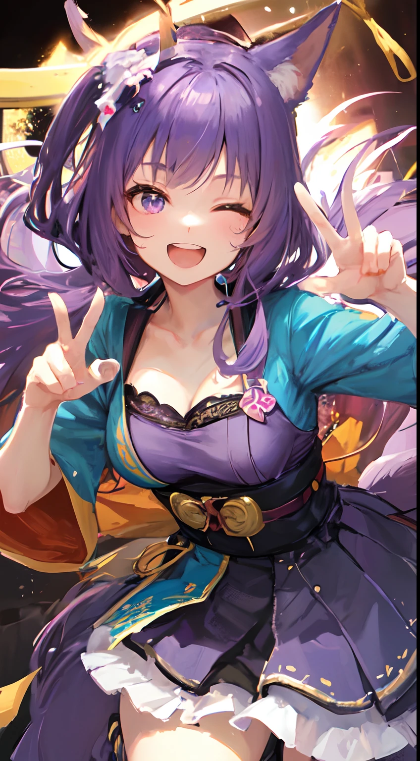 Fox ears, Japanese, purple hair,smiling with teeth showing, one eye closed, energetic ,Purple, cute girl,breast cleavage,peace sign,jumping pose,