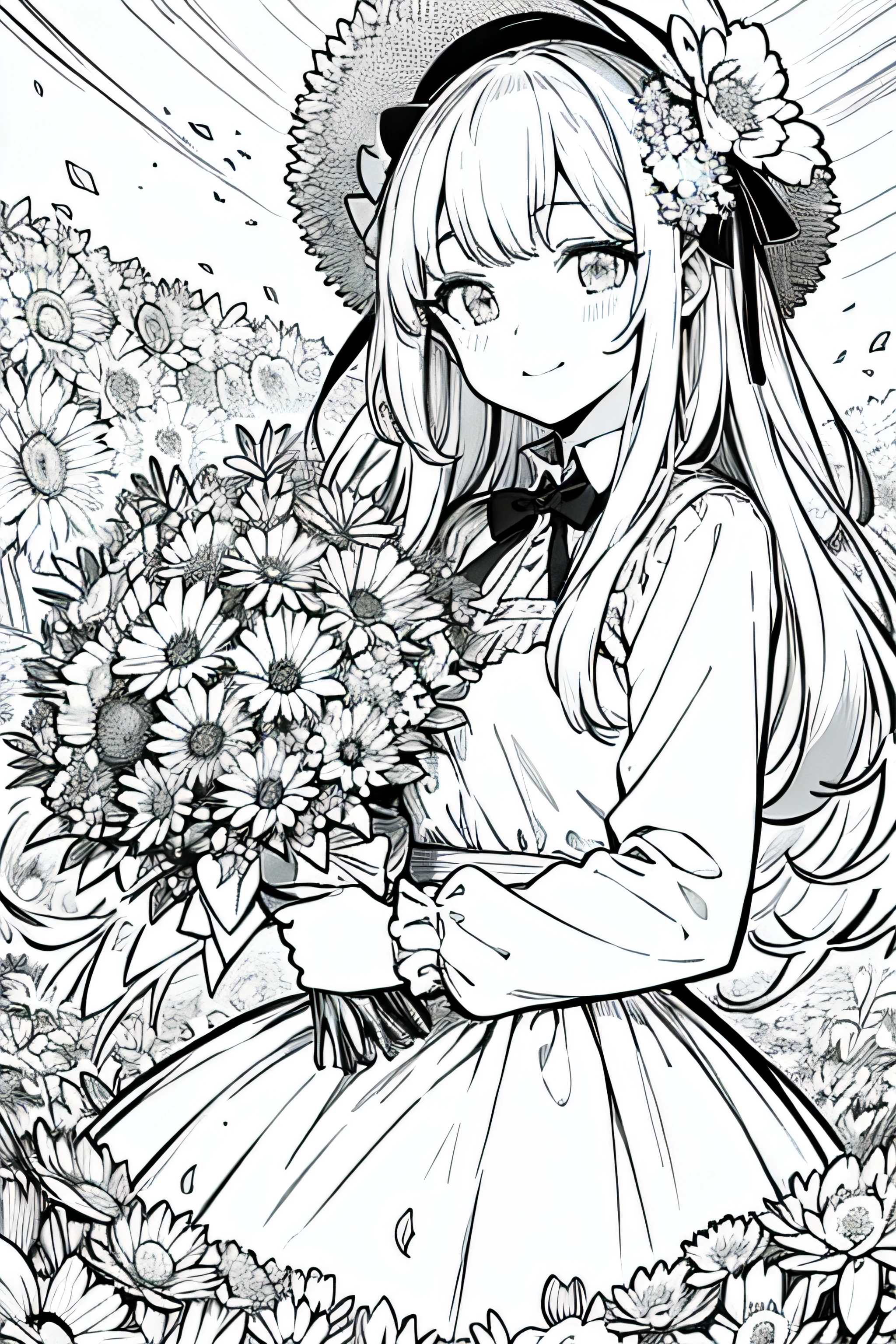 masterpiece, best quality, 1girl, solo, long_hair, looking_at_viewer, smile, bangs, skirt, shirt, long_sleeves, hat, dress, bow, holding, closed_mouth, flower, frills, hair_flower, petals, bouquet, holding_flower, center_frills, bonnet, holding_bouquet, flower field, flower field, lineart, monochrome,