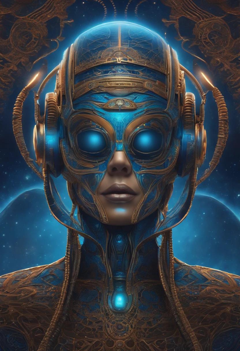 a futuristic 3D alien with a headset standing in front of a blue background, complex cybernetic beings, an alien musician lost in space, dmt entity, galactic dmt entity, dmt entity; LSD art, DMT background, alien musician, DMT!!!!!!, Dan Mumford and Alex Grey style, DMT art, dmt space behind, psytrance art