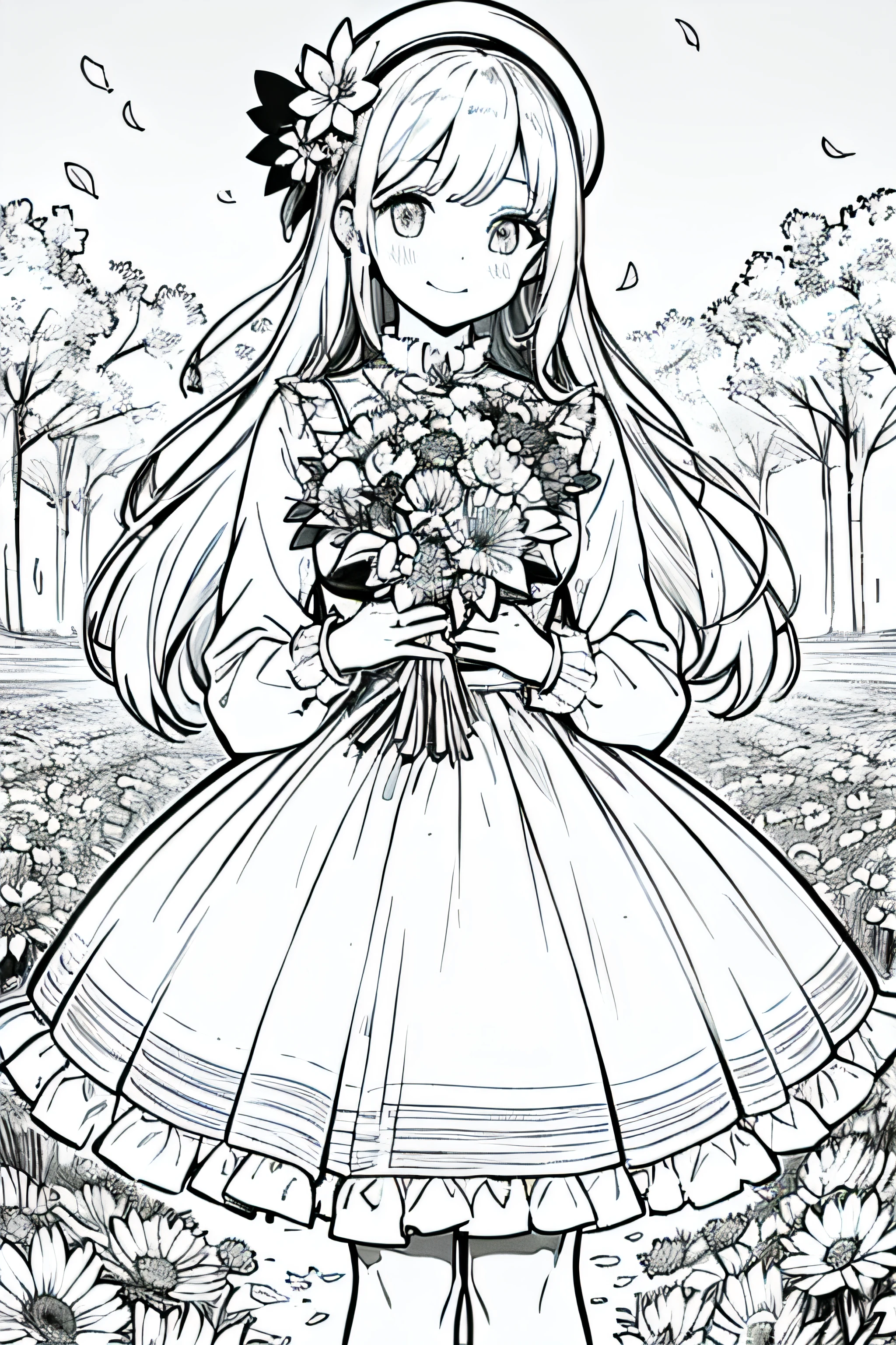 masterpiece, best quality, 1girl, solo, long_hair, looking_at_viewer, smile, bangs, skirt, shirt, long_sleeves, hat, dress, bow, holding, closed_mouth, flower, frills, hair_flower, petals, bouquet, holding_flower, center_frills, bonnet, holding_bouquet, flower field, flower field, lineart, monochrome,