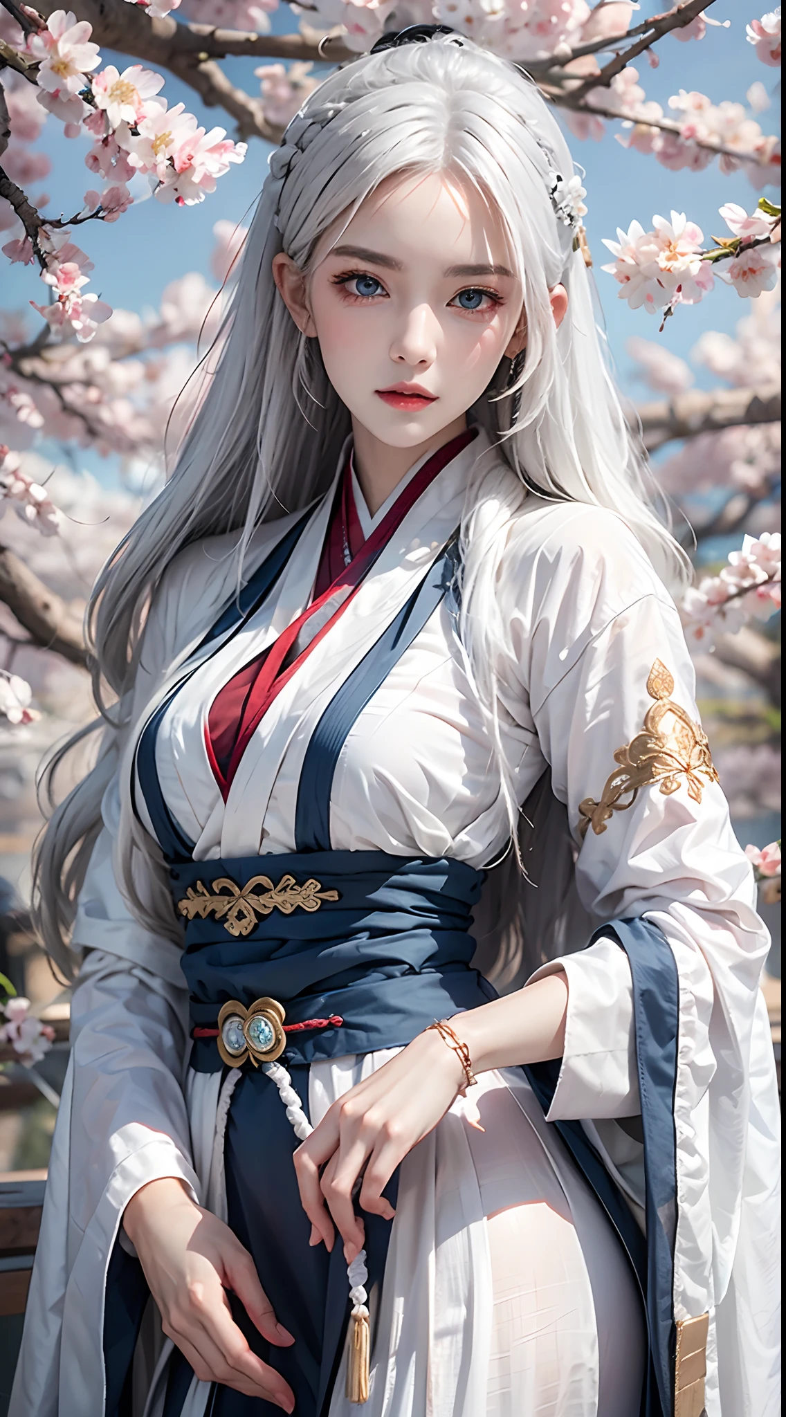 photorealistic, high resolution, soft lights, 1women, solo, hips up, blue eyes, white hair, long hair, hanfu, hips up, jewelry, tattoo, cherry blossom