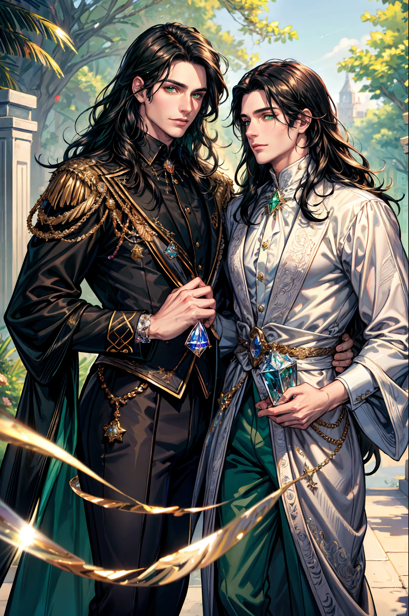 (masterpiece, best quality, highres, ultra-detailed), 2male,gay male relationship, adult, mature, wavy black hair, green eyes, perfect face, detailed eyes and face, crystal ornament, shimmerimg, intricate details, cowboy shot