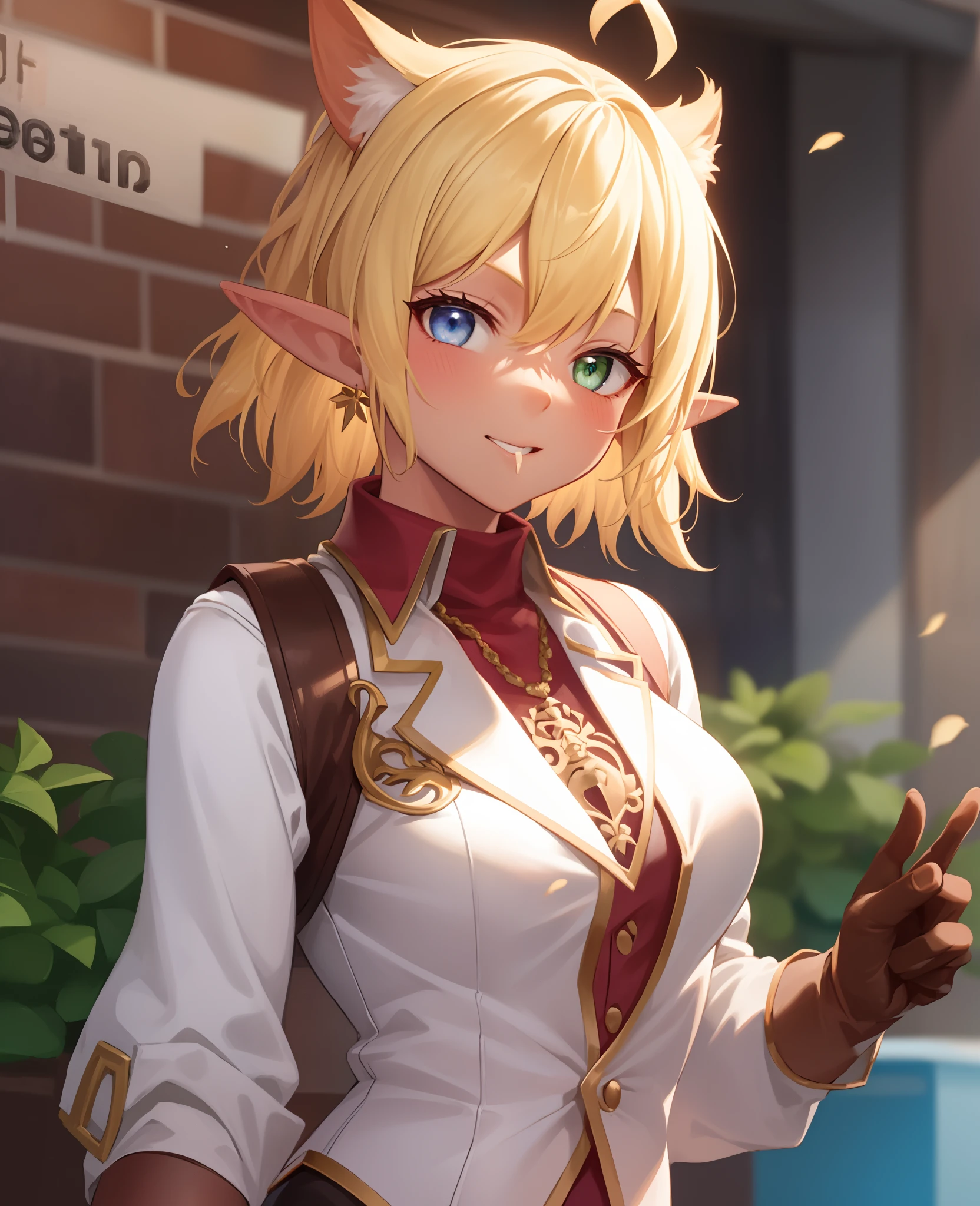 hight resolution, sharp foc, ((Eat steak)),pixiv's masterpiece, ((intricate detailes)), ighly detailed, pointy ear, Heterochromia, 独奏, blonde  hair, Green eyes, Blue Eye, Ahoge, 1girl in, shorth hair, Red Shirt, vests, Long sleeve, Brown gloves, elvish, Dark skinned, White pants、Whole human body、E-cup、Aura of Overlord、Height 170cm、