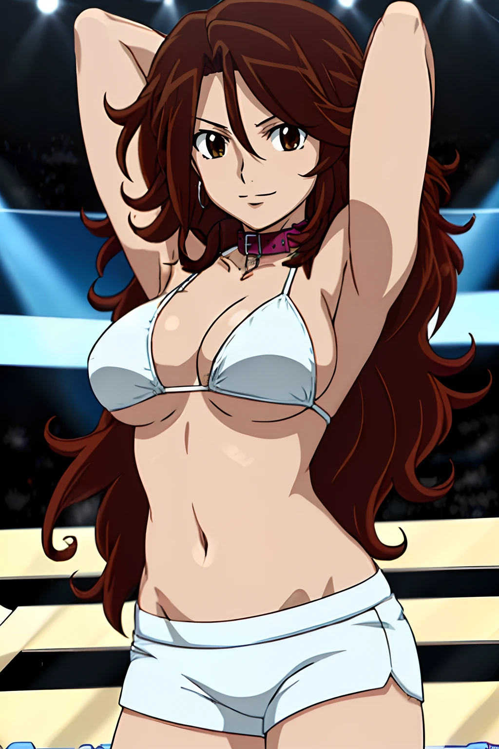 (wwe diva), cowboy shot, body view, anime style: 1.8, anime drawing, ultra detailed face, ultra detailed body, 4k, Sumergai Lee Noriega, (standing), best quality, anime style, hires, highest definition, digital blending, bold drawing lines, ((wwe diva), (location: wrestling arena, crowds watching), ( slim body, little biceps, thighs, off-shoulders, (curvy: 2.8)), ((white bikini, shorts, groin, , white gloves, collar)), victorious, winner, gentle, (big breasts, smile), (big eyes, brown eyes), (clapping), (brown hair, loose hair, curly hair, wavy hair, long hair, missy hair), 27 years old, (flexing both arms)