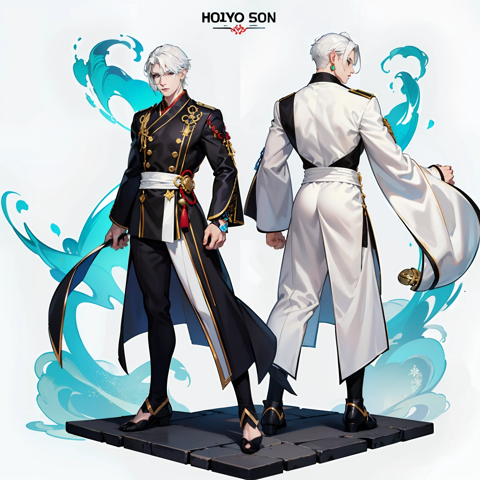 Pale skin man, male, black eyes, white hair, long hair, anime style, 4k image, full body, holographic background, Character sheet, Handsome male. Perfect face, 6 ft 5 tall man. White hair. Short hair. Grey eyes. Eyepatch. Earrings. Toned body. Muscular male, character design sheet，full bodyesbian, Full of details, body front view, body back view,  Full body, front and back view, muscle body, Traditional chinese clothes. Genshin Impact. Hydro vision. Bulge in pants. Liyue, ((Masterpiece, Highest quality)), Detailed face, character design sheet，full body esbian, Full of details, Highly detailed, Depth