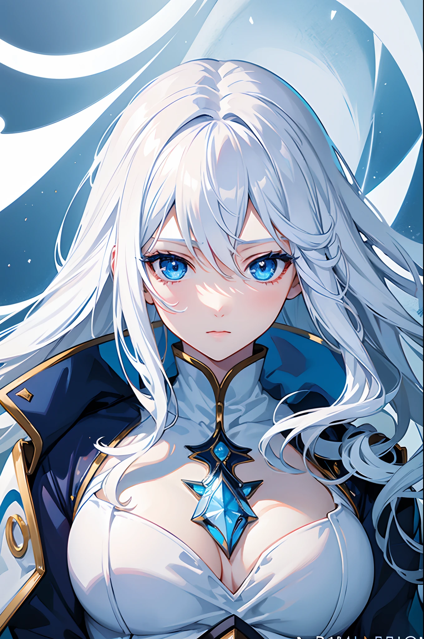 Cover magazine, anime, woman, solo, long hair, white hair, blue eyes, model, beautiful, half body potrait, fantasy, ice