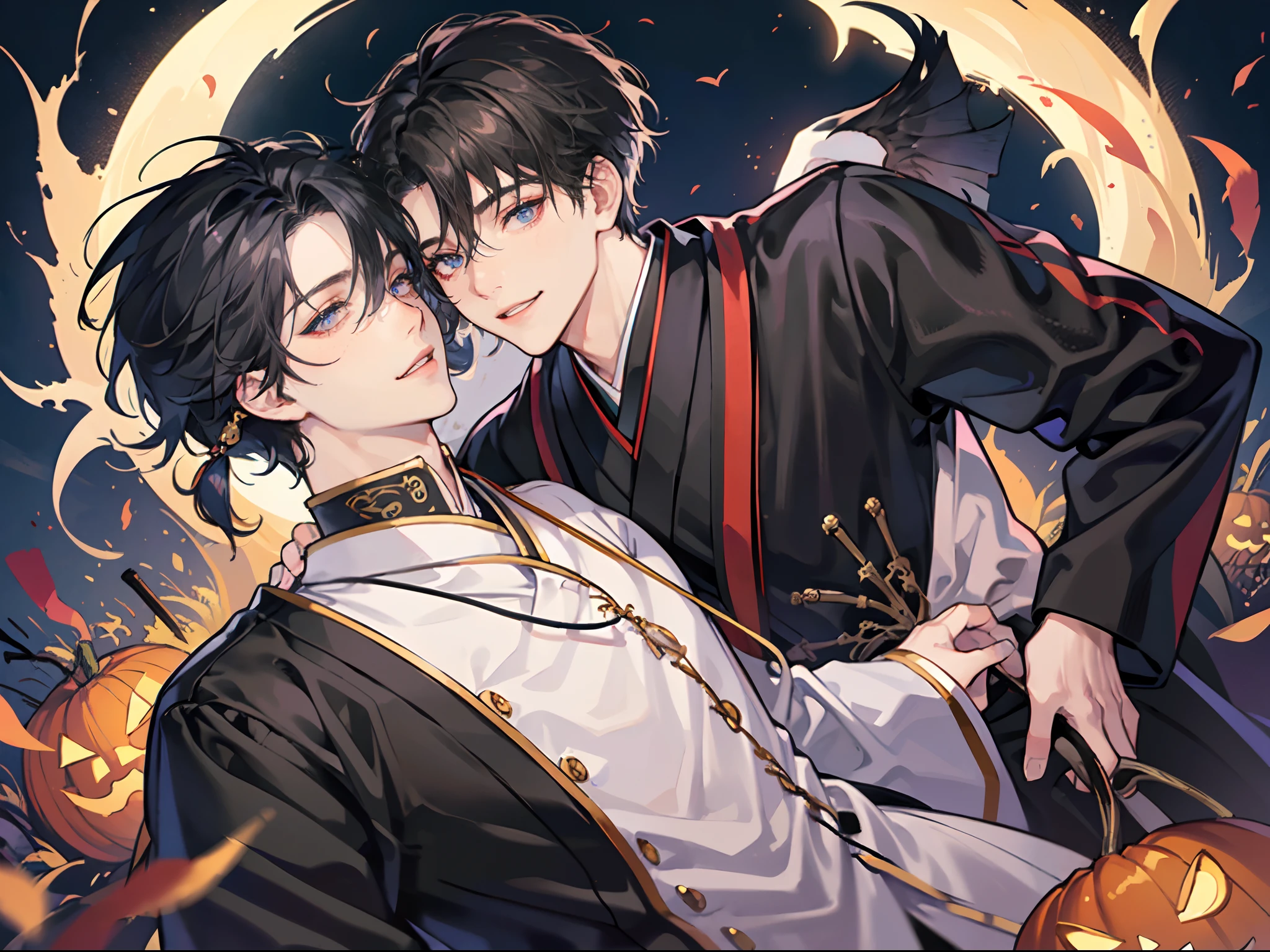 colorful, masterpiece, high quality, sharped, auto focus, looking at another, ((2male)),(gay male,yaoi male), handsome brothers,(hollow eyes), vivit color eyes, sharp eyes, evil smile, male face,male hair, hair over eyes,(japanese Halloween style), ghost,night,cinematic,dynamic pose,low angles,male clothes