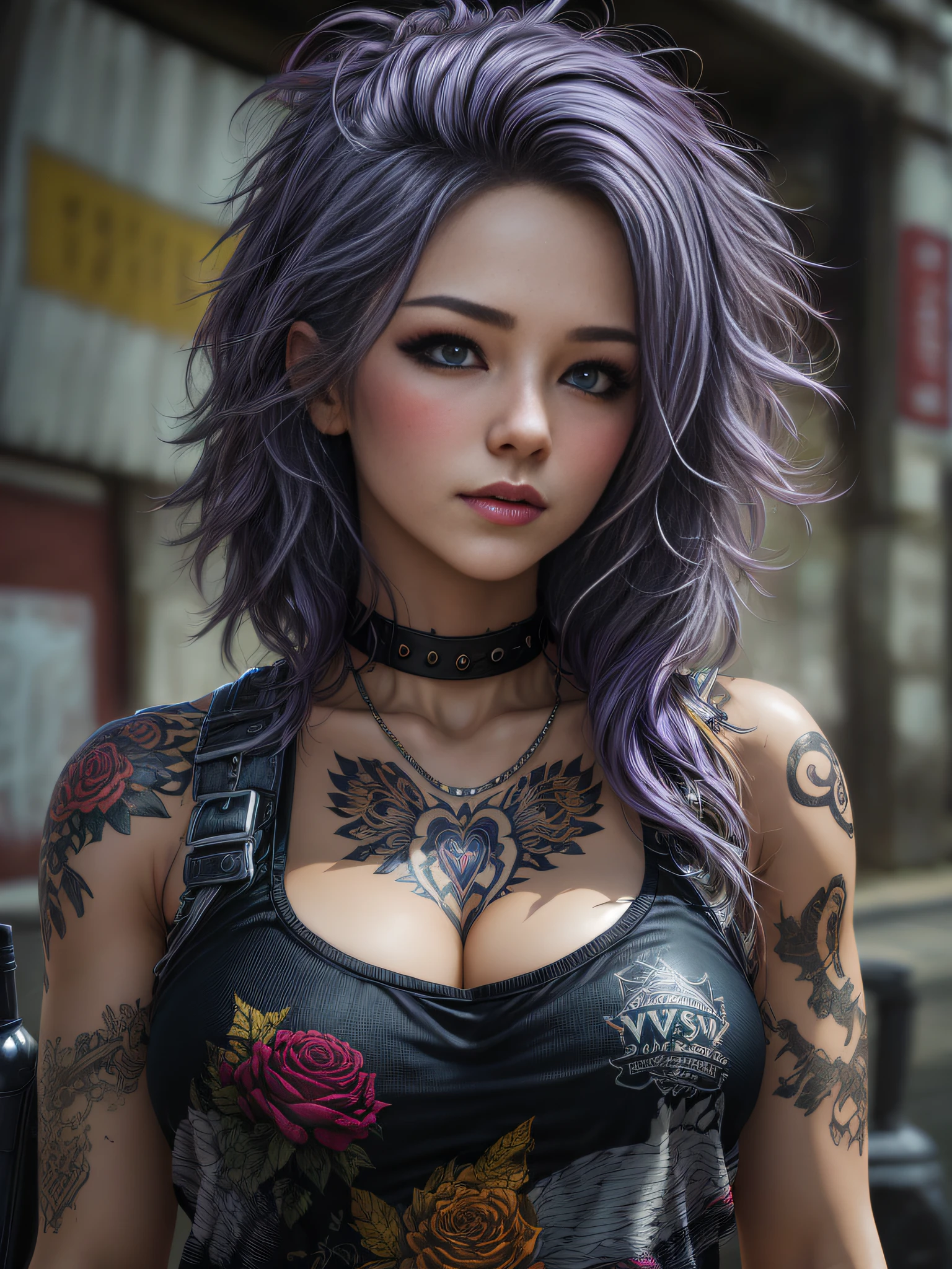 (premier quality、8k、32K、tmasterpiece、nffsw:1.3),The art of Luis Royo、(Realstic,photoreallistic:1.4),(Ultra -High Definition)、(Ultra-realistic 8kCG),very detailed skin:1.2,Fille punk de ,Visage incroyablement mignon、clivage du sein、Cheveux punk radicaux,Mode punk,Radical Tank Top、pantalons chauds、Maquillage farfelu、cheveux rose vif,、(Beaucoup de tatouages sur le corps),8 Head body、London Street Background、Beautiful shade gradient by sunlight、profondeur de champs,Dos flou,