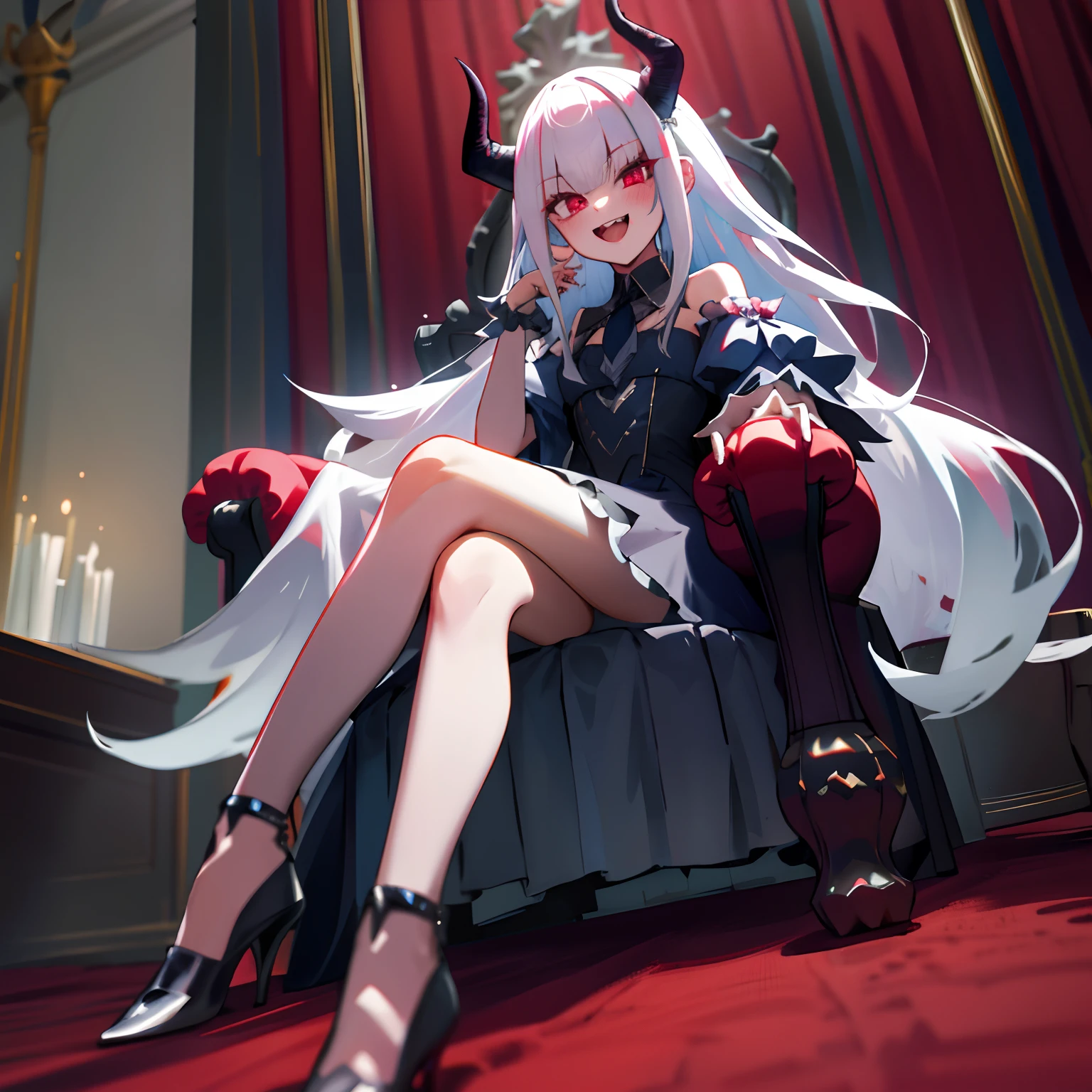 One girl with long hair, white hair, looking at viewer, blushing, indoor, night, sit on, demon king, castle, thigh, heels, demon chair, like a boss pose, vampire dress, fangs, horn, open mouth