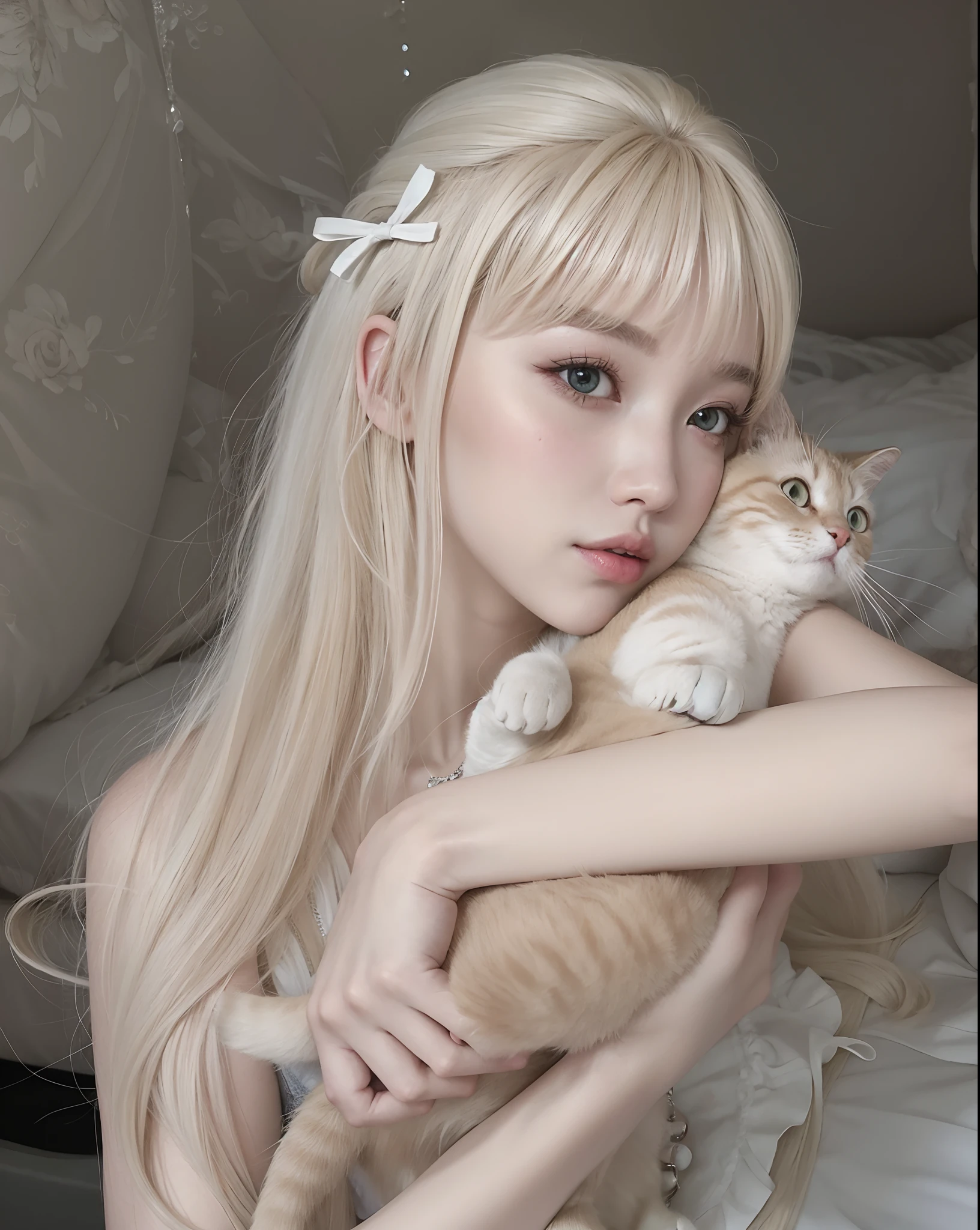 Here is an example of an AI image prompt。：

「Beautiful woman like realistic photo、Has double patchy purple eyes、Smiling gracefully with long silver hair、Generate an image depicting an adorable kitten cuddling scene。The woman's eyes glow dark purple、Long silver hair flutters gracefully in the wind。Kittens with fluffy fur、It's full of cuteness。The background is a bright area with natural light、It's a heartwarming atmosphere。」