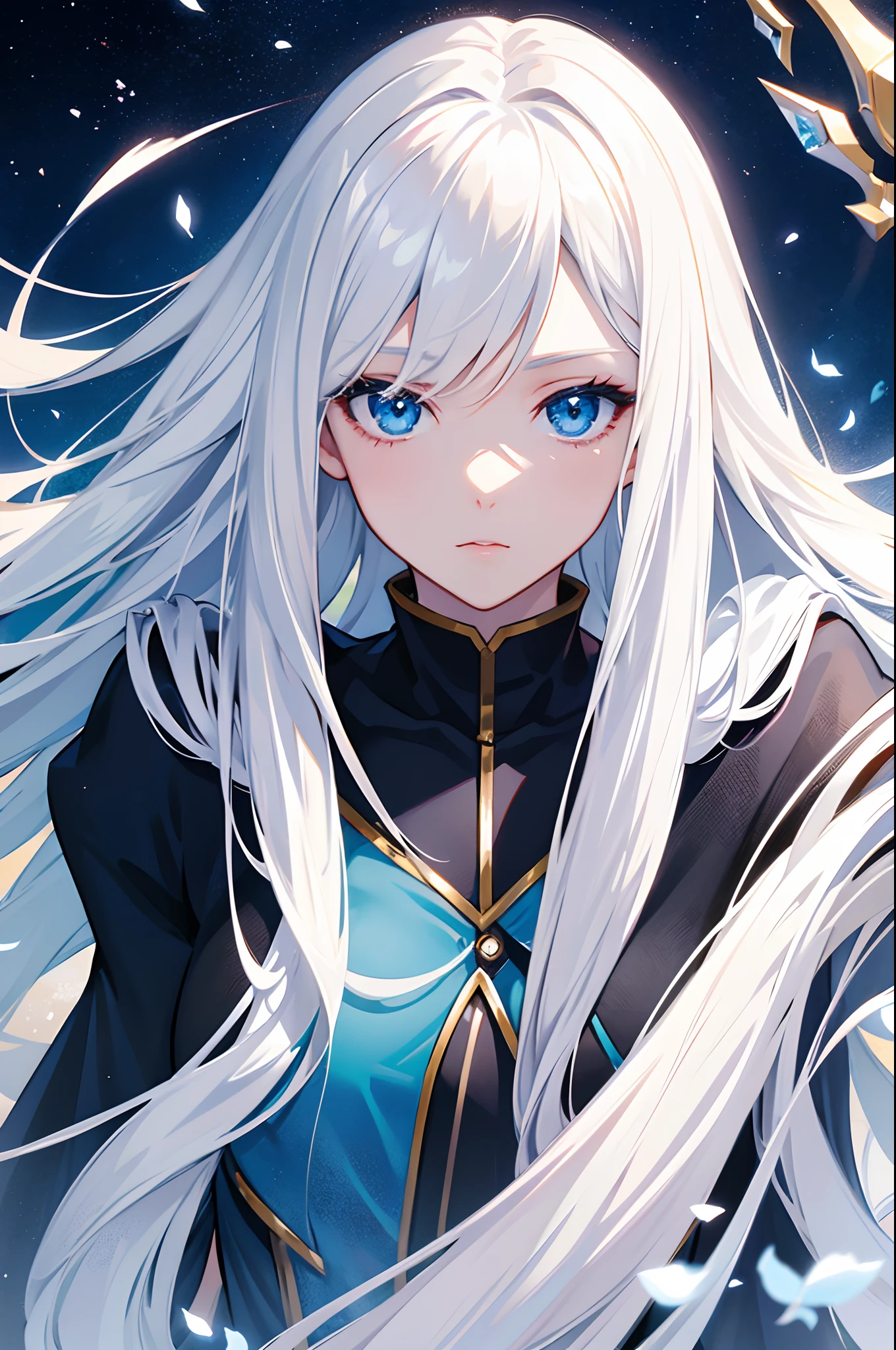 Cover magazine, anime, woman, solo, long hair, white hair, blue eyes, model, beautiful, half body potrait, fantasy, ice