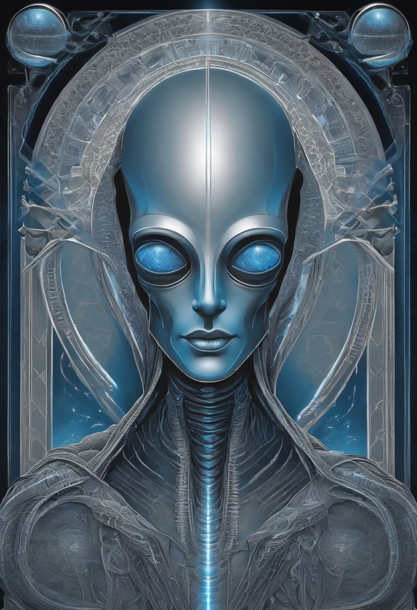 "Please create an image of a gray but silver blue shaped alien scientist in cartoon style wearing futuristic clothing standing in front of a blue background. The image should be digital art inspired by Andrei Kolkoutine, Tumblr, psychedelic art and sacred geometry. The alien scientist is in the spiritual dimension, where the form is psychedelic and composed of sacred geometry. He is a portal of energy. Please take into consideration art references from Dan Mumford and Alex Grey, as well as elements of DMT entities, alien music, and LSD art."