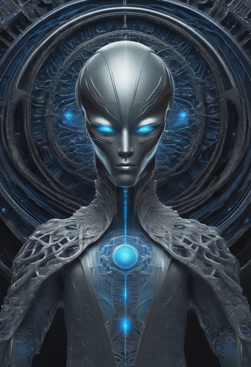 "Please create an image of a gray but silver blue shaped alien scientist in cartoon style wearing futuristic clothing standing in front of a blue background. The image should be digital art inspired by Andrei Kolkoutine, Tumblr, psychedelic art and sacred geometry. The alien scientist is in the spiritual dimension, where the form is psychedelic and composed of sacred geometry. He is a portal of energy. Please take into consideration art references from Dan Mumford and Alex Grey, as well as elements of DMT entities, alien music, and LSD art."