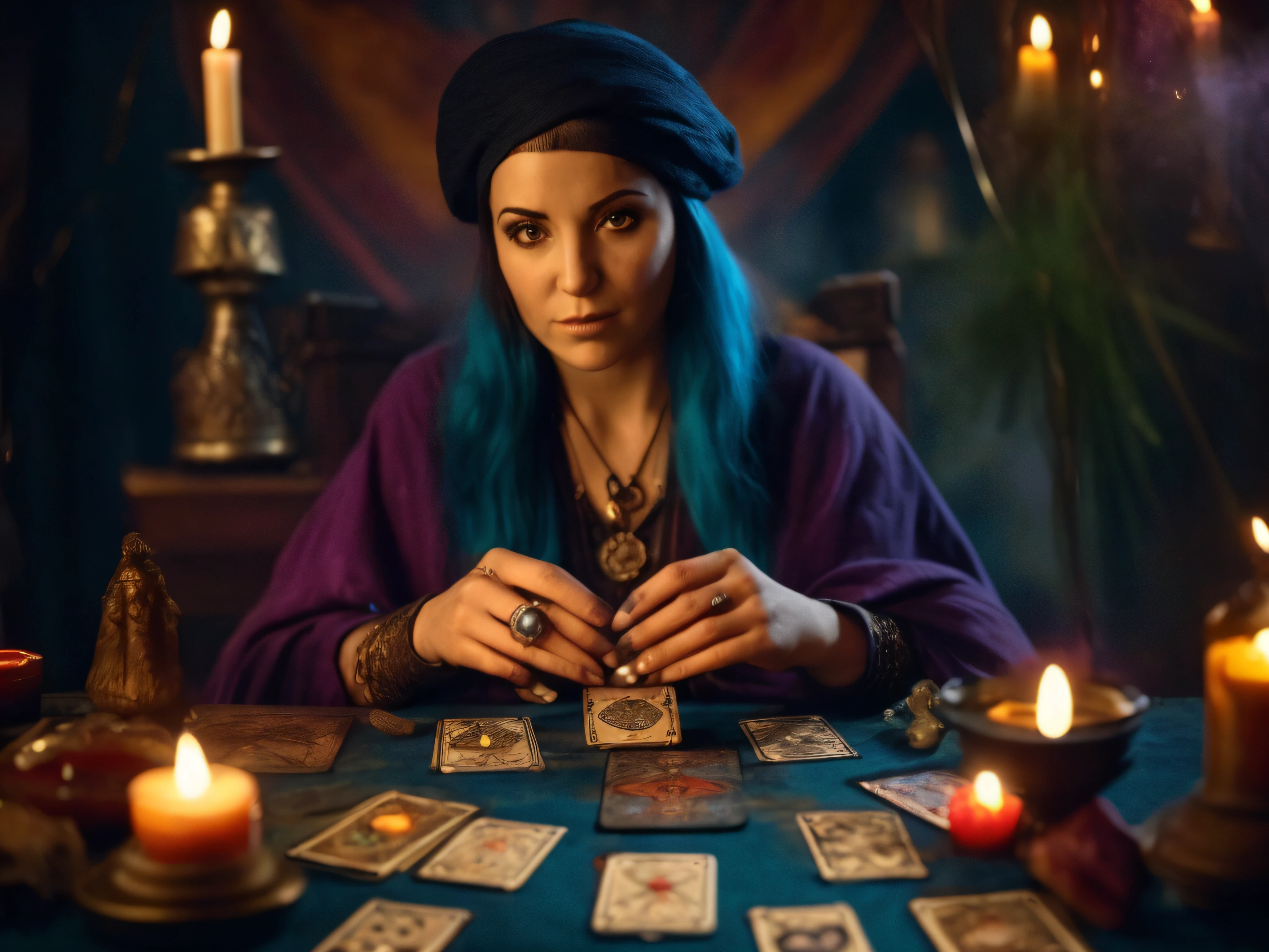 Arrogant woman with blue hair sitting at a table with candles and tarot cards, wizard doing a tarot reading, adivinho, spell casting wizard, spell casting, tarot card enviroment, maga feminina de fantasia sombria, mulher feiticeira, Female mage conjuring a spell, casting a protection spell, bruxa pagando por seus pecados, tarot cards characters, as a tarot card