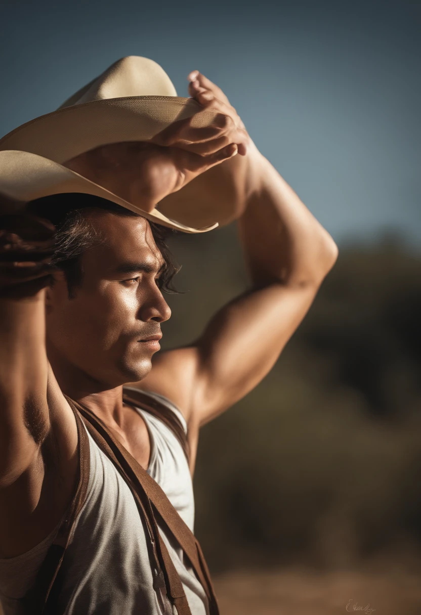 (obra-prima, melhor qualidade: 1.2), gojo satoru, Action Pose, dust particle effect, raios solares, poder roxo, movie composition, bokeh, profundidade de campo, venda nos olhos, sorrindo, tiro de cowboy, solo, foco masculino, 1boy, gojo satoru, style nike
