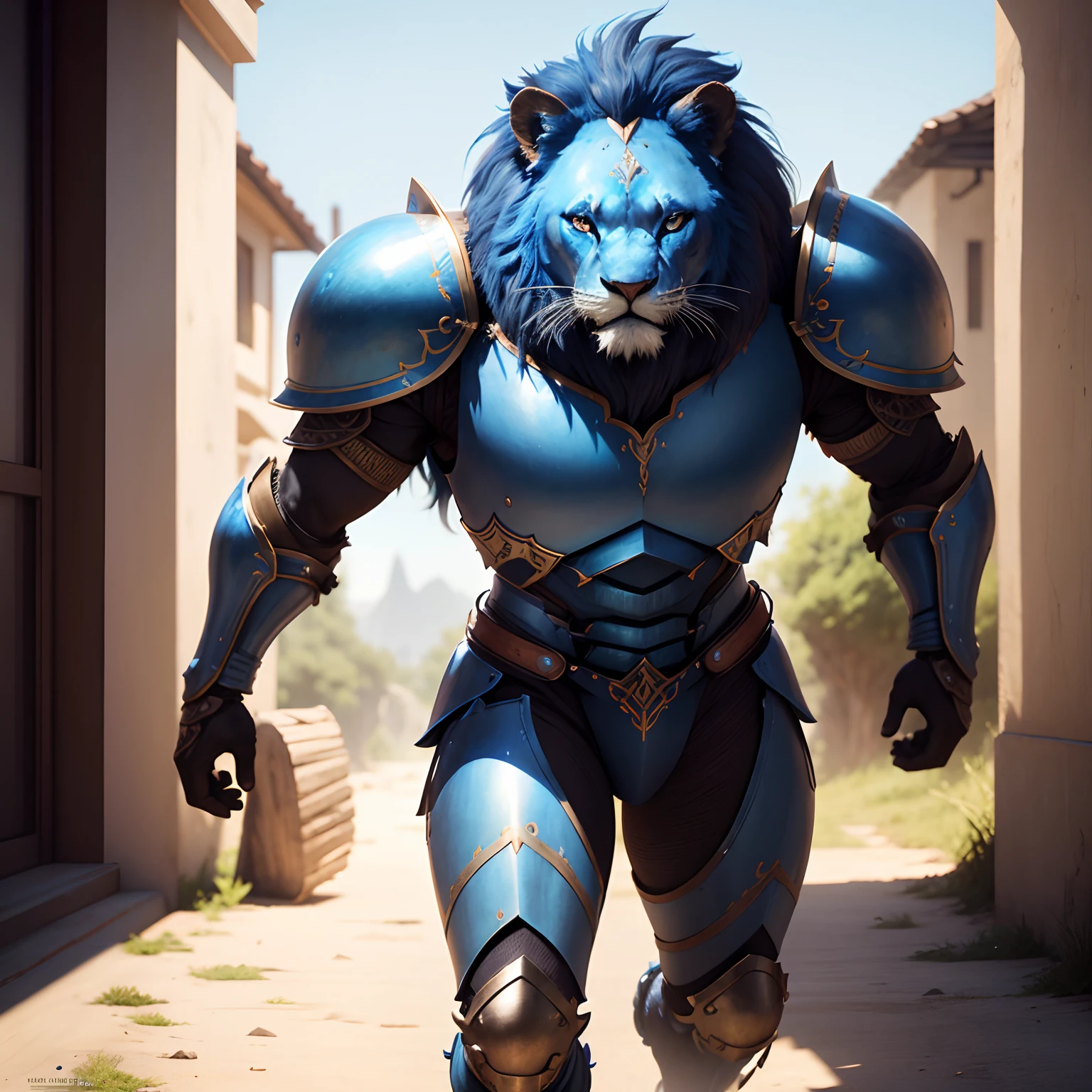 Cute blue lion warrior in realistic 4K armor, full entire body,Super Detailed, Vray Display, Unrealistic engine, Midjourney Art Style.