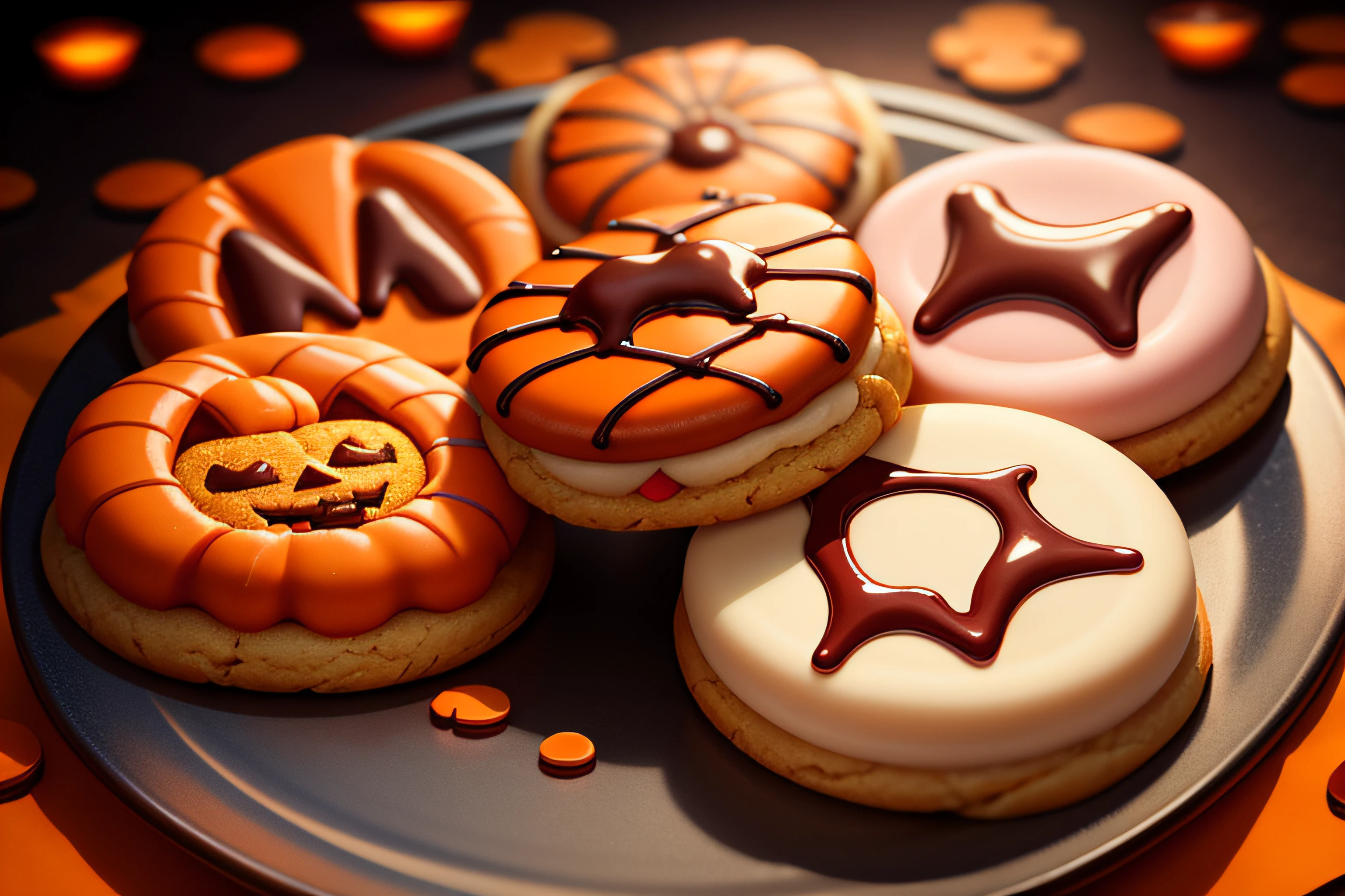 (raw photo), a plate of halloween themed icing cookies in a variety of shapes and colors, foodphoto, blurred background, full view, 8k, photorealistic image, excellent quality.