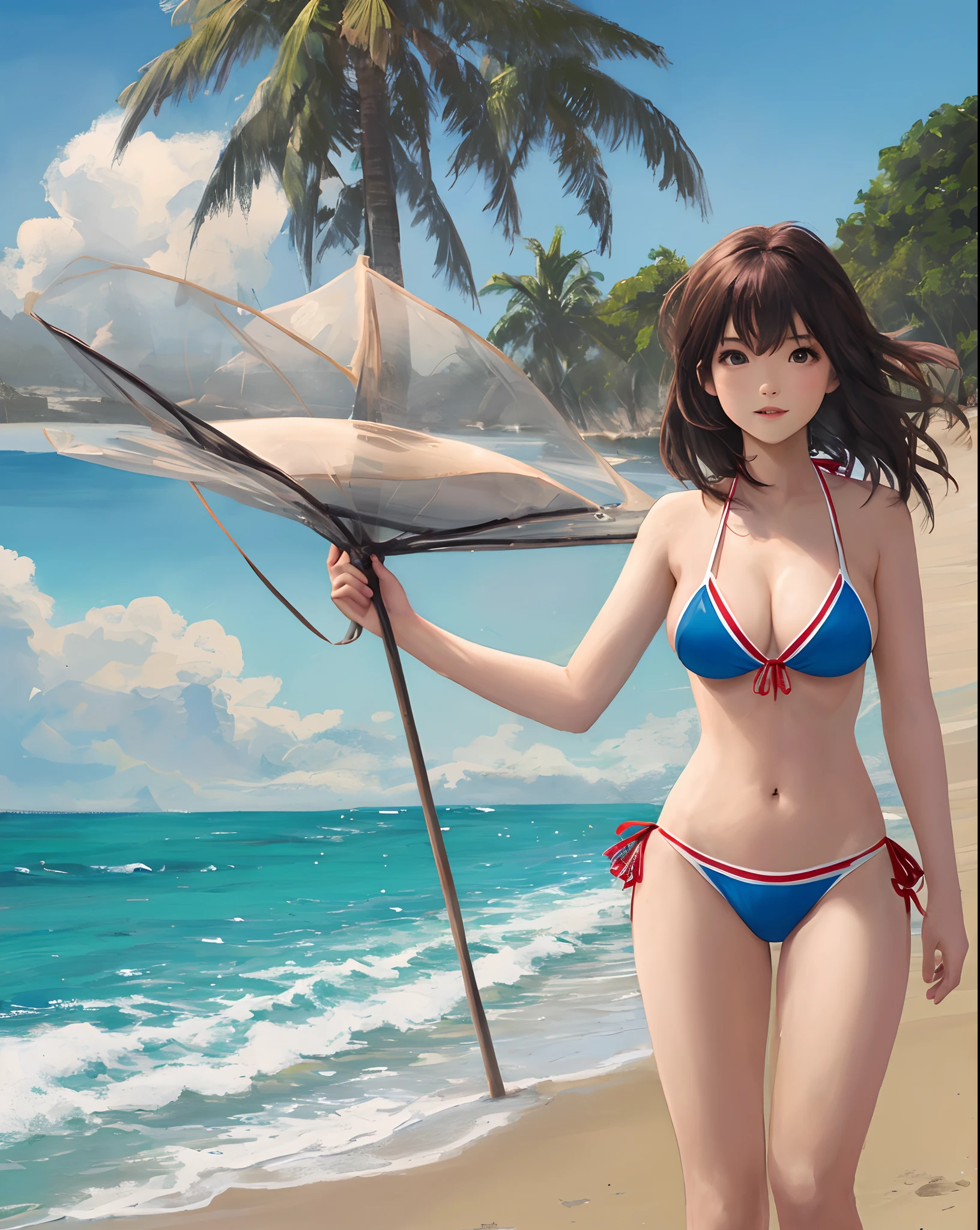 Two-dimensional girl in bikini standing on the beach