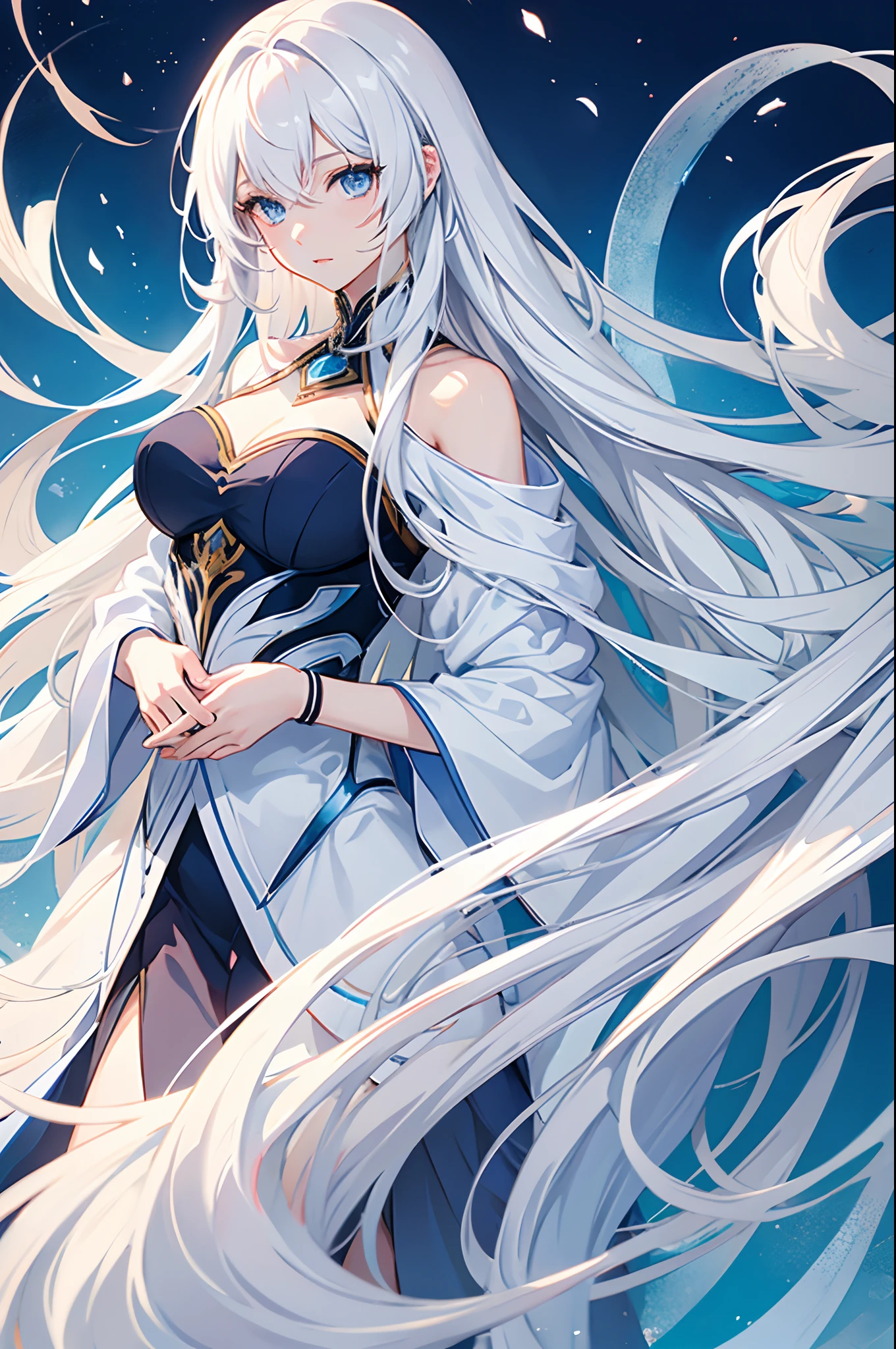 Cover magazine, anime, young woman, solo, long hair, white hair, blue eyes, model, beautiful, half body potrait, fantasy, ice