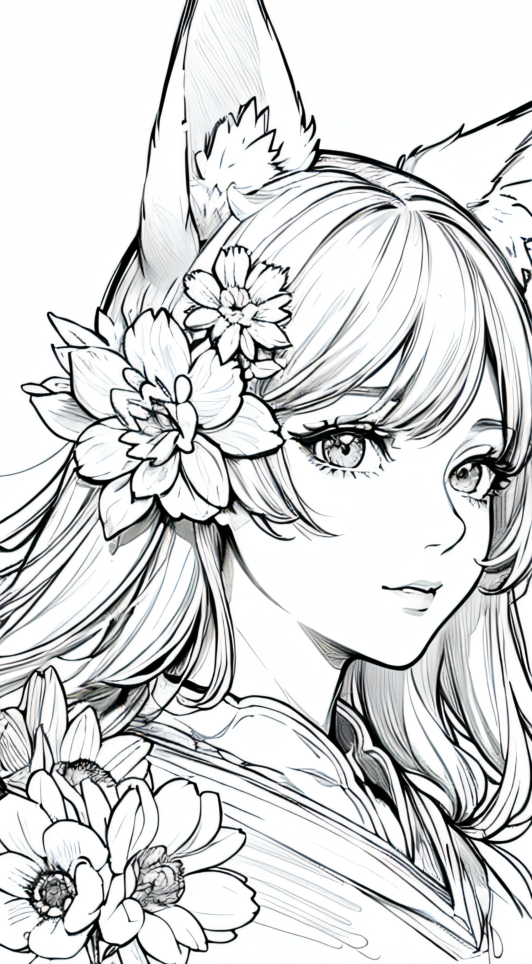 A drawing of a girl with a cat ears and flowers in her hair - SeaArt AI