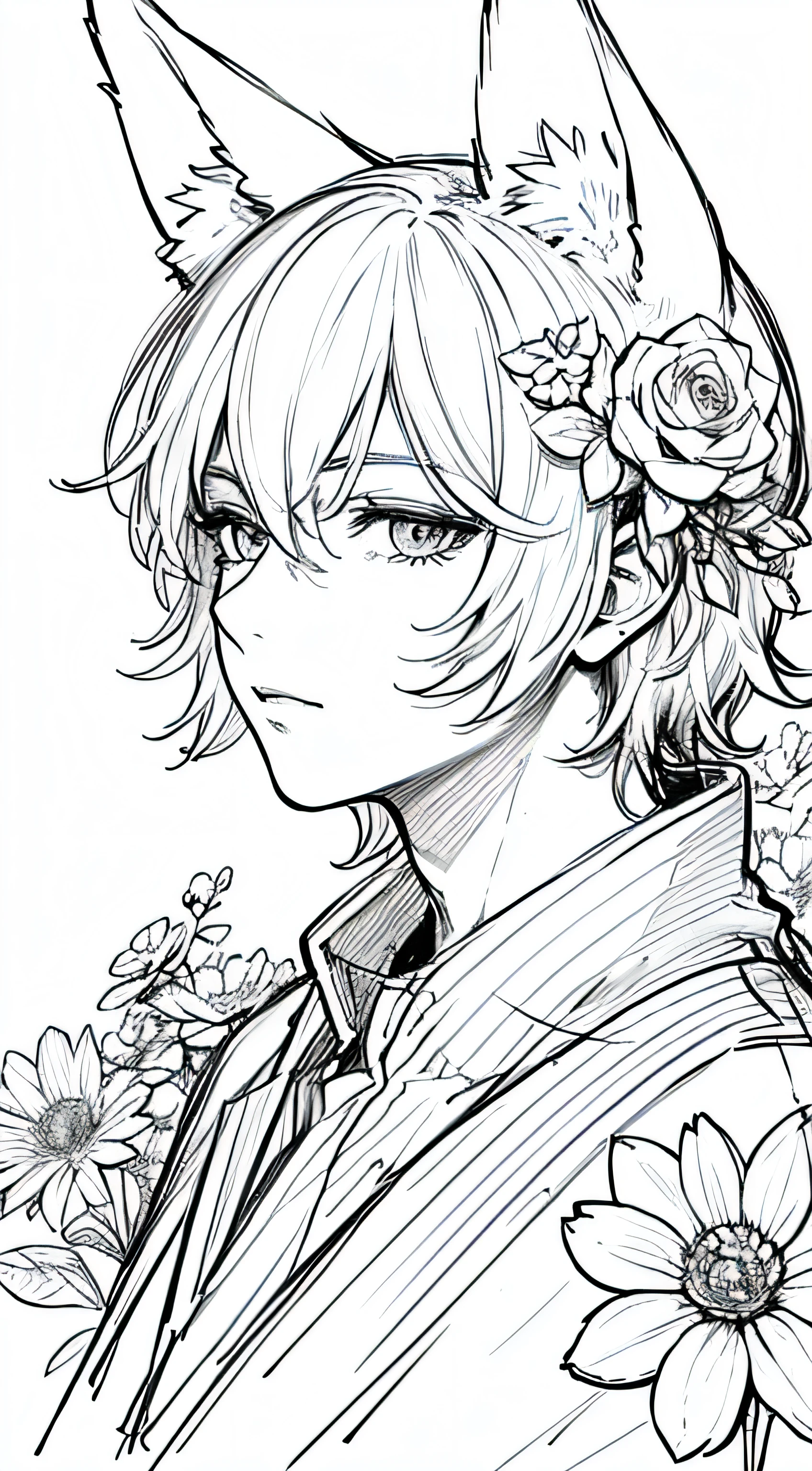 masterpiece, superlative, fox ears, male , solo, bust closeup, flower line drawing background, white background, monochrome, line drawing, ((sketch))