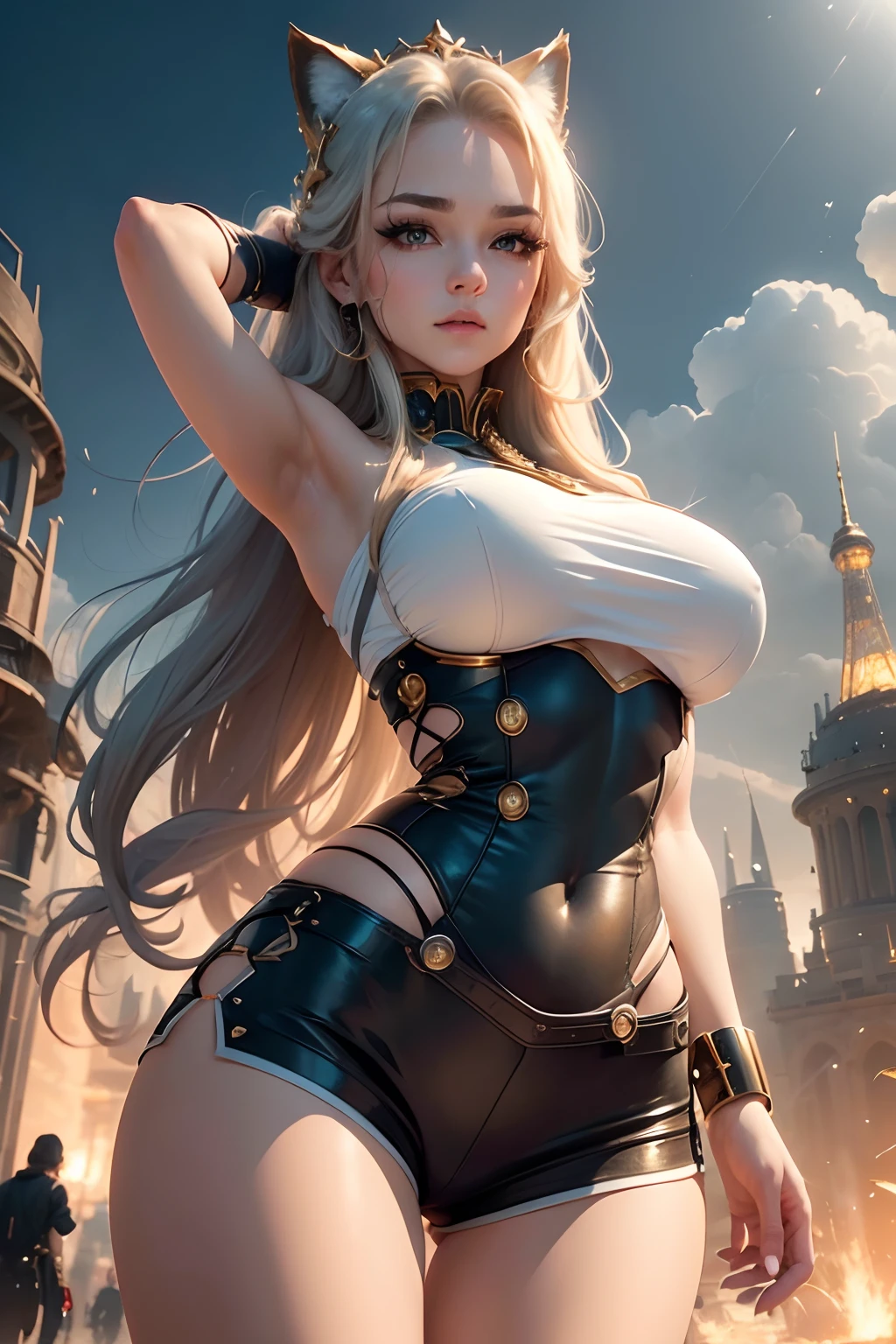 (Best quality, 8K, Masterpiece :1.3), (Realistic, Photorealistic: 1.37), (1girll), (Beautiful woman in her 20s), (Slim), (Emphasis on slender abs :1.3), (Japanese), (Loose white shirt, tight denim shorts,Highlight her big buttocks), (Random pose), (Wet body), (Long hair, Random hairstyle), (Large breasts :1.3), (Outdoors), (Ultra-detailed face), (Detailed eyes), (Double eyelids), (Eyeshadow strengthening), (Many eyelashes), (Long legs), (Professional lighting), (photon maping), (Radio City), (head straight-looking at viewer)woman with,golden curly hair,blue color eyes,White fox ears,Realistic visuals of black tight dress,attractive beautiful,dramatic contrast,Gentle lighting,Delicate warmth,the soft light,hyper HD,Extremely colorful,best qualityer,Snow-whiteskin,8K high quality,Sexy goddess,A pair of big eyes are beautiful and moving,White skin,Makeup,Sexy outfit,Armed with futuristic modern weapons,gold;jewely;Blue Electric,【Background with】Large gears,Large gears,Doomsday ruins,Giant tornado,Strange sky,Lightning Thunder,The setting sun burns the dark clouds,Multiple planets,The end of the world,Multiple planets,Mards,Jupiter,Mercury,Strange sky,The Eiffel Tower,Egyptian pyramids,Great Wall of China,Giant Tornado ultra-futuristic car,Cool headlights