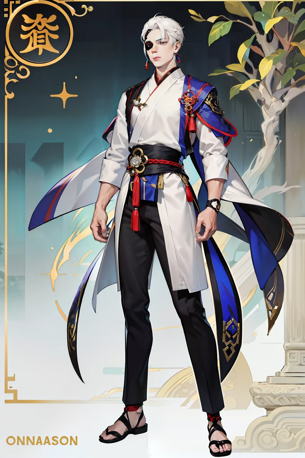 Pale skin man, male, black eyes, white hair, long hair, anime style, 4k image, full body, holographic background, Character sheet, Handsome male. Perfect face, 6 ft 5 tall man. White hair. Short hair. Grey eyes. Eyepatch. Earrings. Toned body. Muscular male, character design sheet,full bodyesbian, Full of details, body front view, body back view, Full body, front and back view, muscle body, Traditional chinese clothes. Genshin Impact. Hydro vision. Bulge in pants. Liyue, ((Masterpiece, Highest quality)), Detailed face, character design sheet,full body esbian, Full of details, Highly detailed, Depth