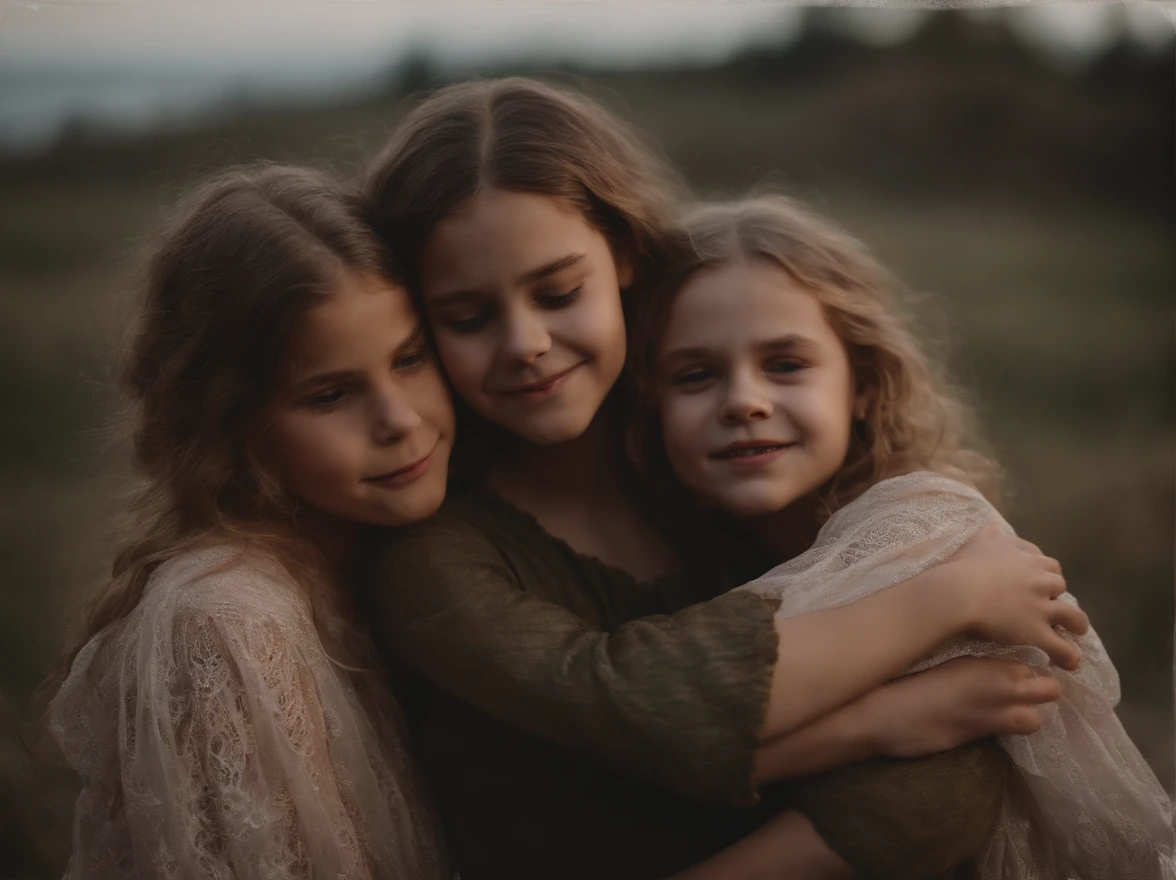 2 young girls and a big girl in transparent clothes hug each other very violently