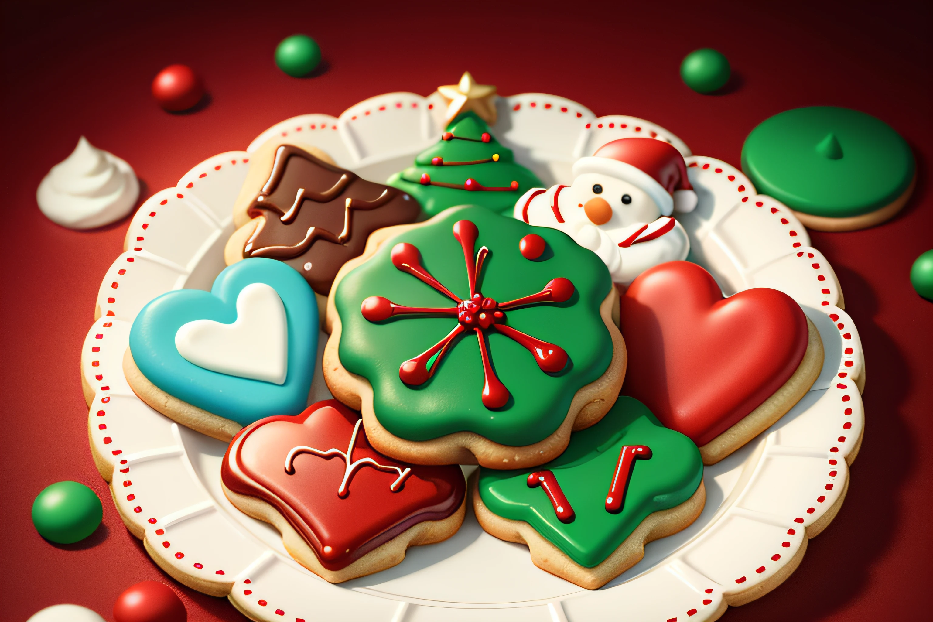 (raw photo), Christmas themed icing cookie plate in a variety of shapes and colors, foodphoto, blurred background, full view, 8k, photorealistic image, excellent quality.
Christmas themed cookie icing tableau, In a variety of shapes and colors, Realistic rendered, photo-like style.