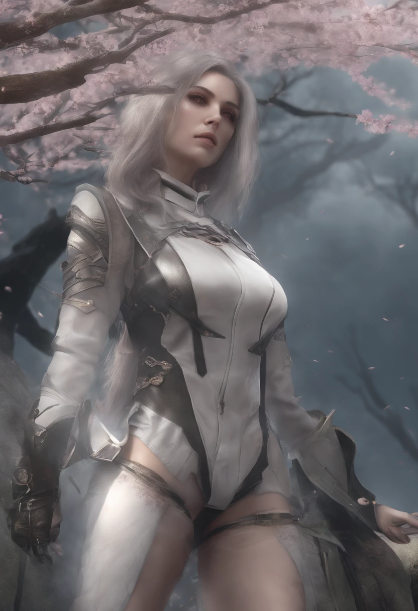 Cirilla Fiona Elen Riannon，Fudo Myo，There is a gentle and beautiful face，Virtual Engine 5，Perfect detail，Octane rendering，Гипер HD，动态照明，art  stations，poster for，voluminous lighting，Very detailed faces，4k wallpaper，Long flowing hair，surrounded by cloud，cherry blossom，fog atmosphere，dynamic viewing angle，电影灯光