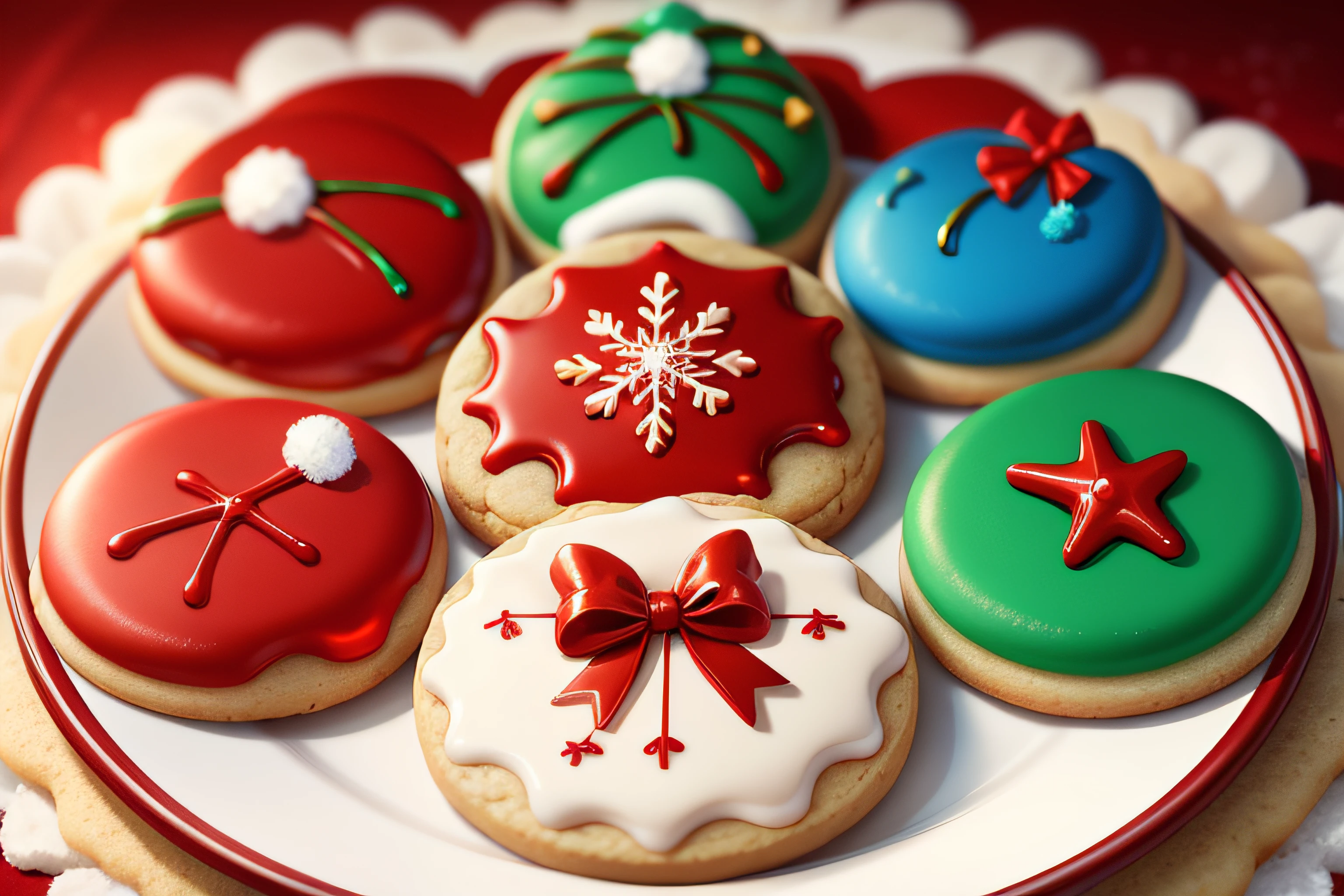 (raw photo), Christmas themed icing cookie plate in a variety of shapes and colors, foodphoto, blurred background, full view, 8k, photorealistic image, excellent quality.

Christmas themed cookie icing tableau, In a variety of shapes and colors, Realistic rendered, photo-like style.