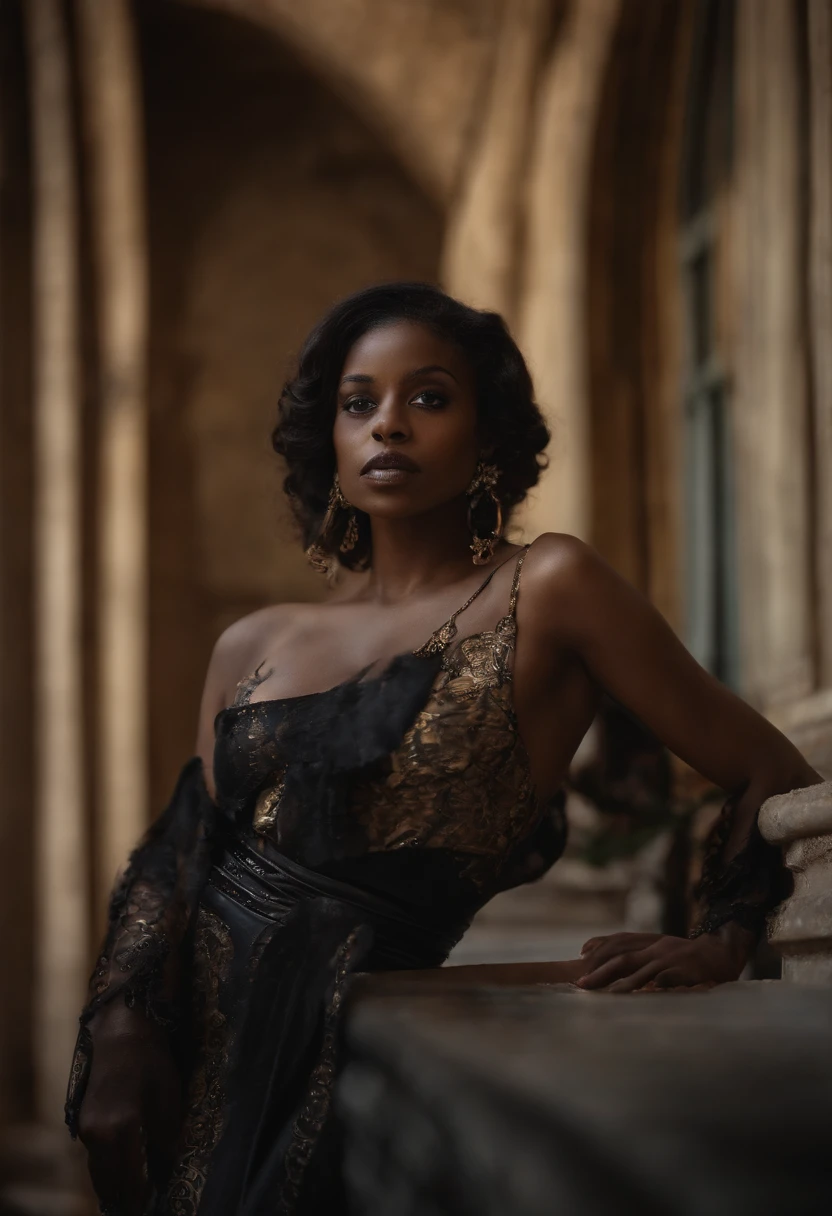 the image shows a african woman with long dark hair and striking brown eyes. She has a fair complexion and is wearing what appears to be a black top or dress that reveals her shoulders and cleavage. Her expression is neutral, and she is looking directly at the camera. The background of the image is plain and does not provide any additional context.