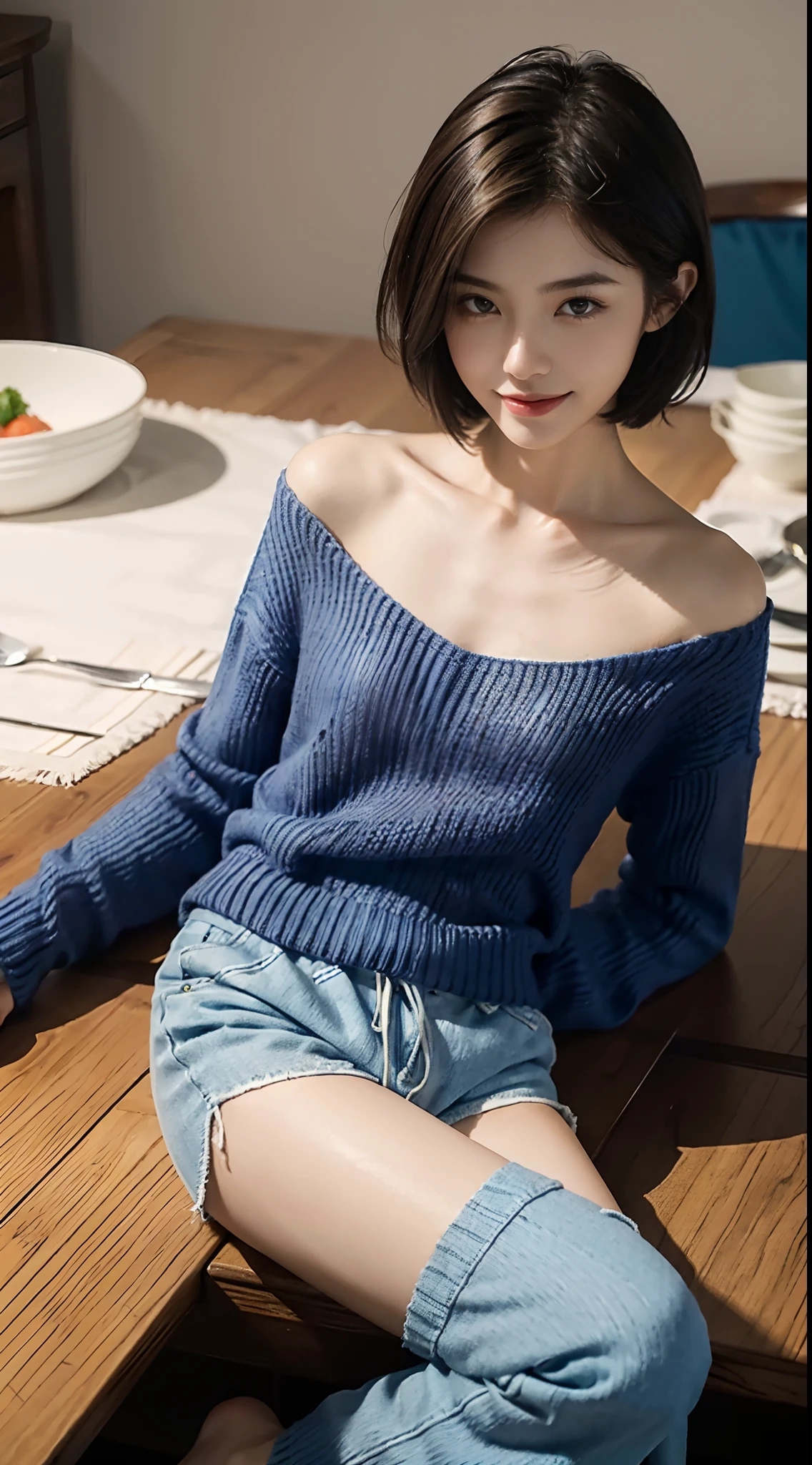 Best Quality, 8k, 32k, Masterpiece, UHD: 1.3), Attractive Japan Woman Pictures, One Girl, (full body : 1.0), Abs, Perfect Body, (oversized tunic sweater : 1.1), (boots:1.1), Ultra Detailed Face, Detailed Lips, Fine Eyes, Double Eyelids,short hair,Disheveled Hair